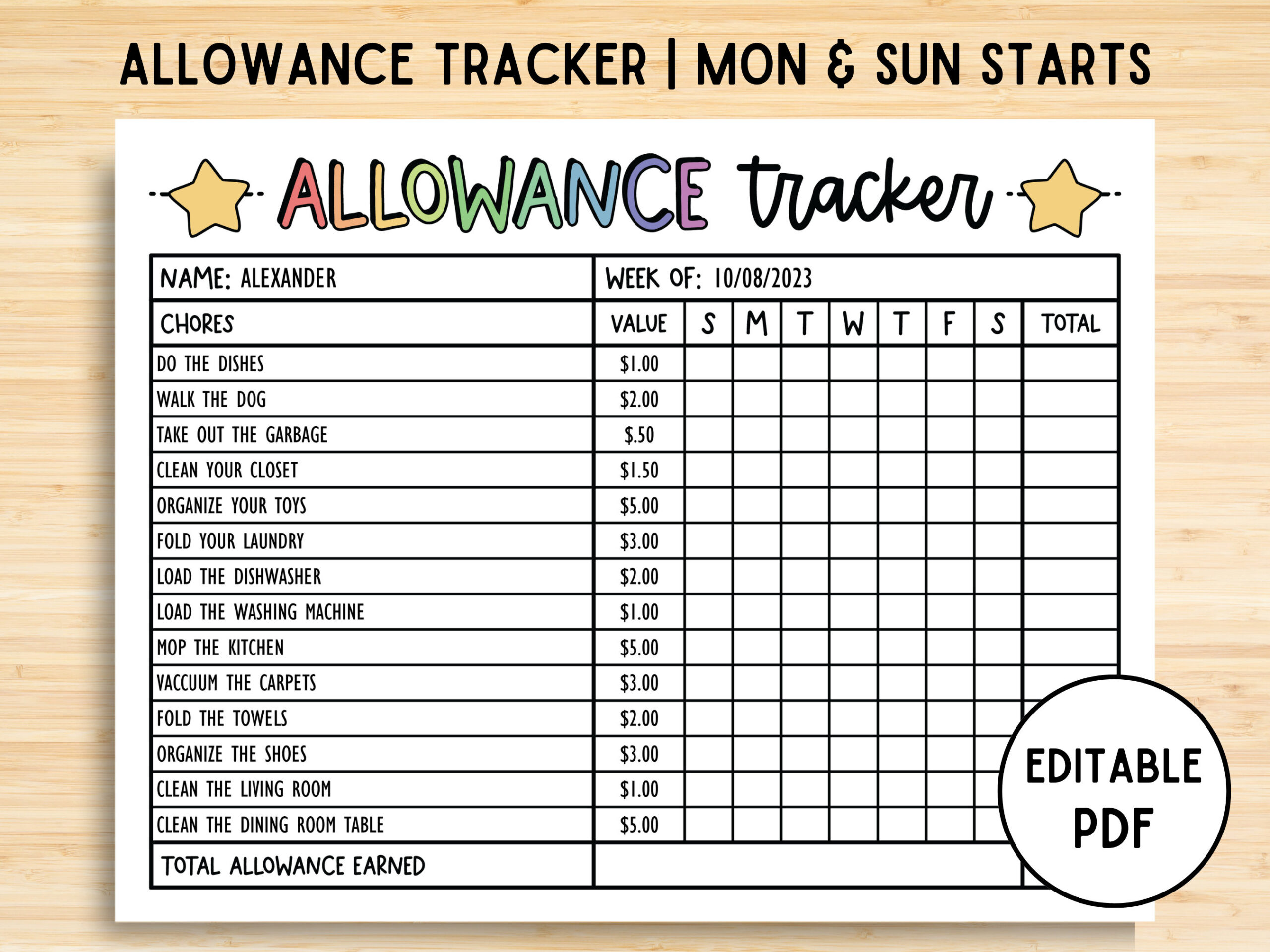 Allowance Tracker, Weekly Allowance Chore Chart, Editable pertaining to Allowance Chart Printable