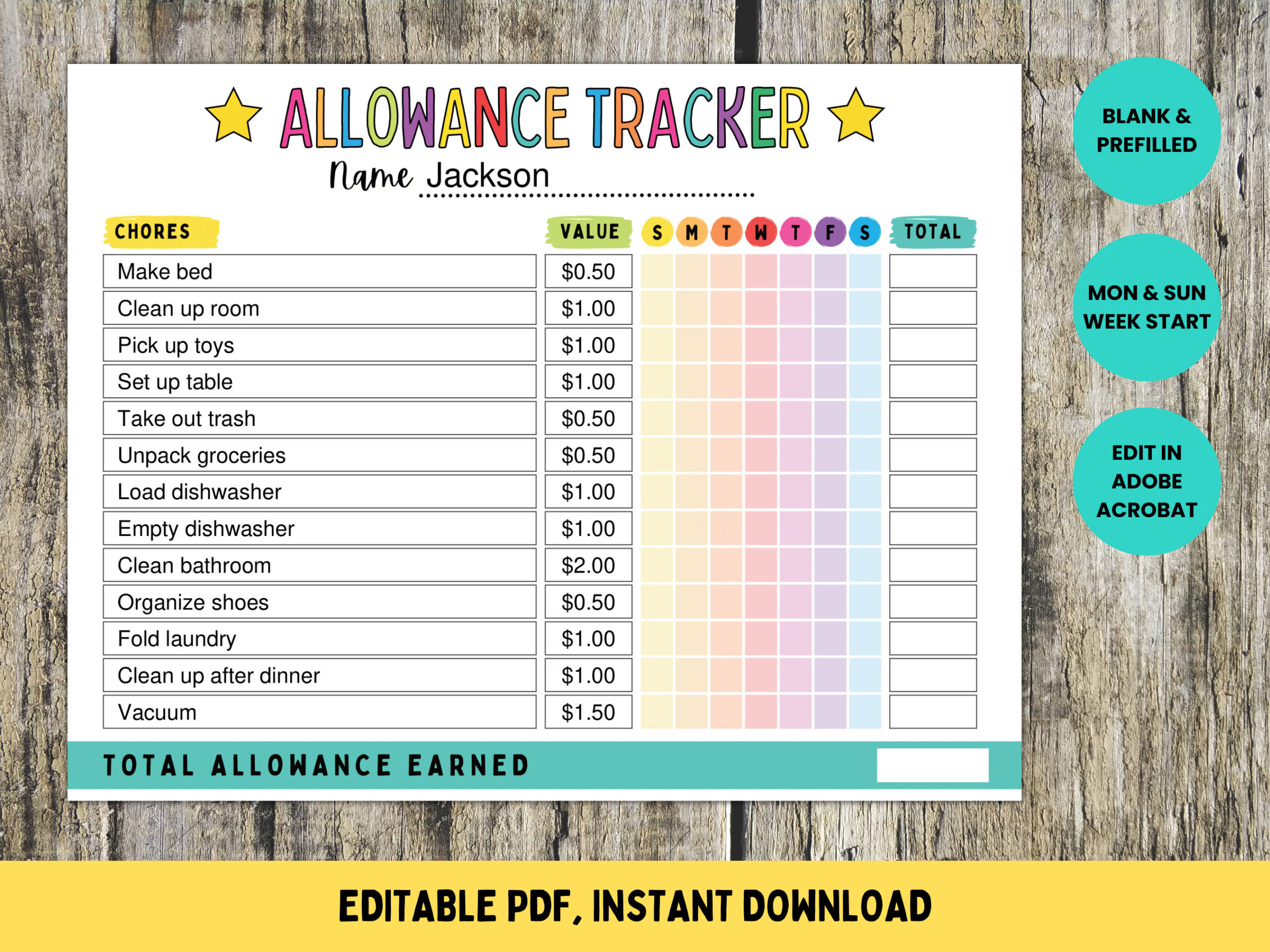 Allowance Tracker, Weekly Allowance Chore Chart For Kids, Editable inside Allowance Chart Printable