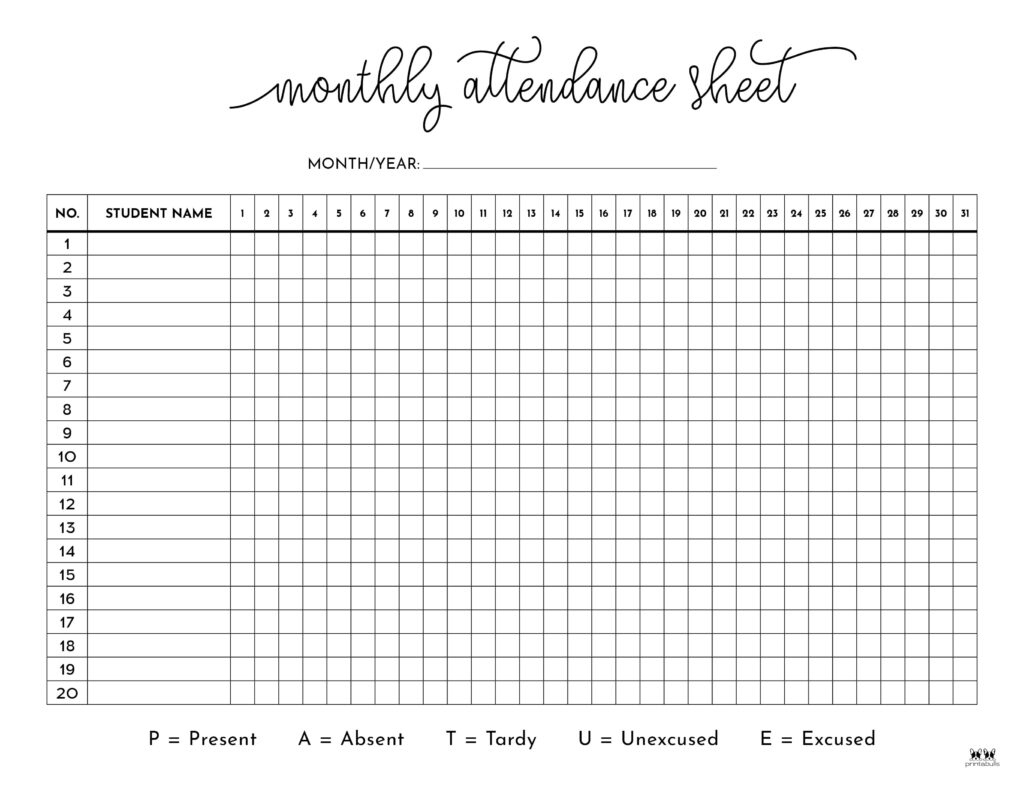 Attendance Sheets - 52 Free Printables | Printabulls for Attendance Chart Printable Free