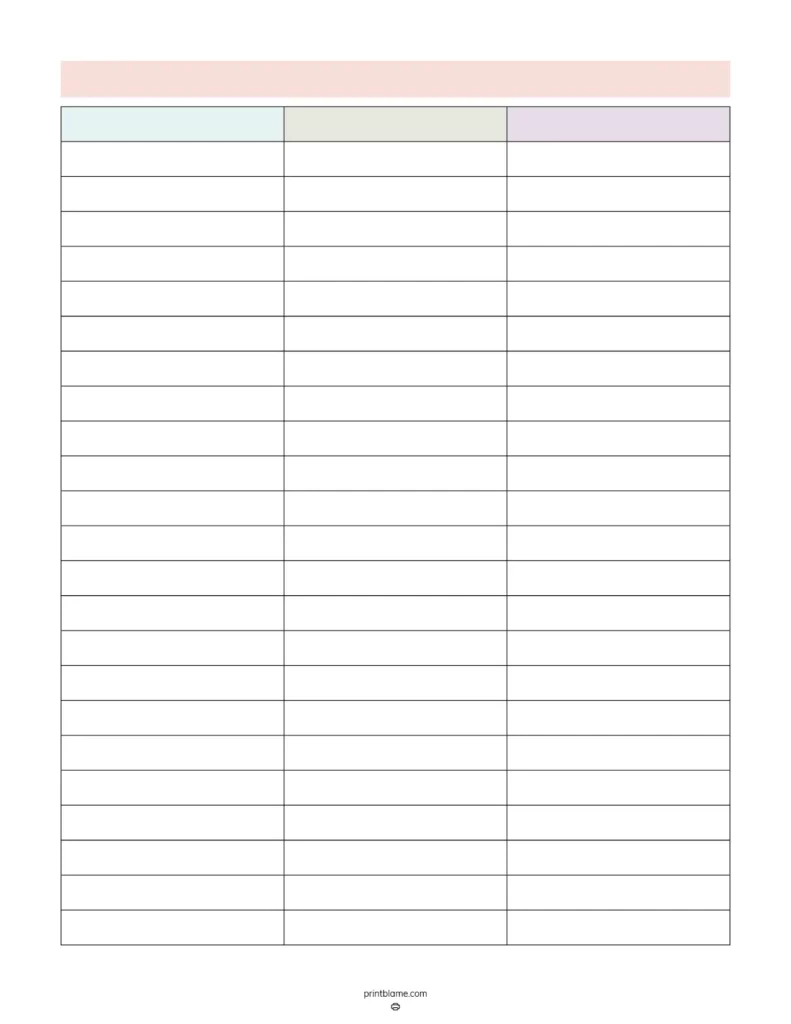 Blank 3 Column Chart Templates - Free 3 Column Tables Pdfs throughout Three Column Chart Printable