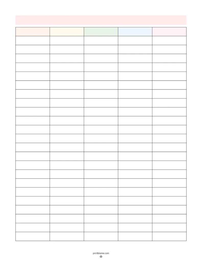 Blank 5 Column Chart Templates - Free 5 Column Tables Pdfs with 5 Column Chart Printable