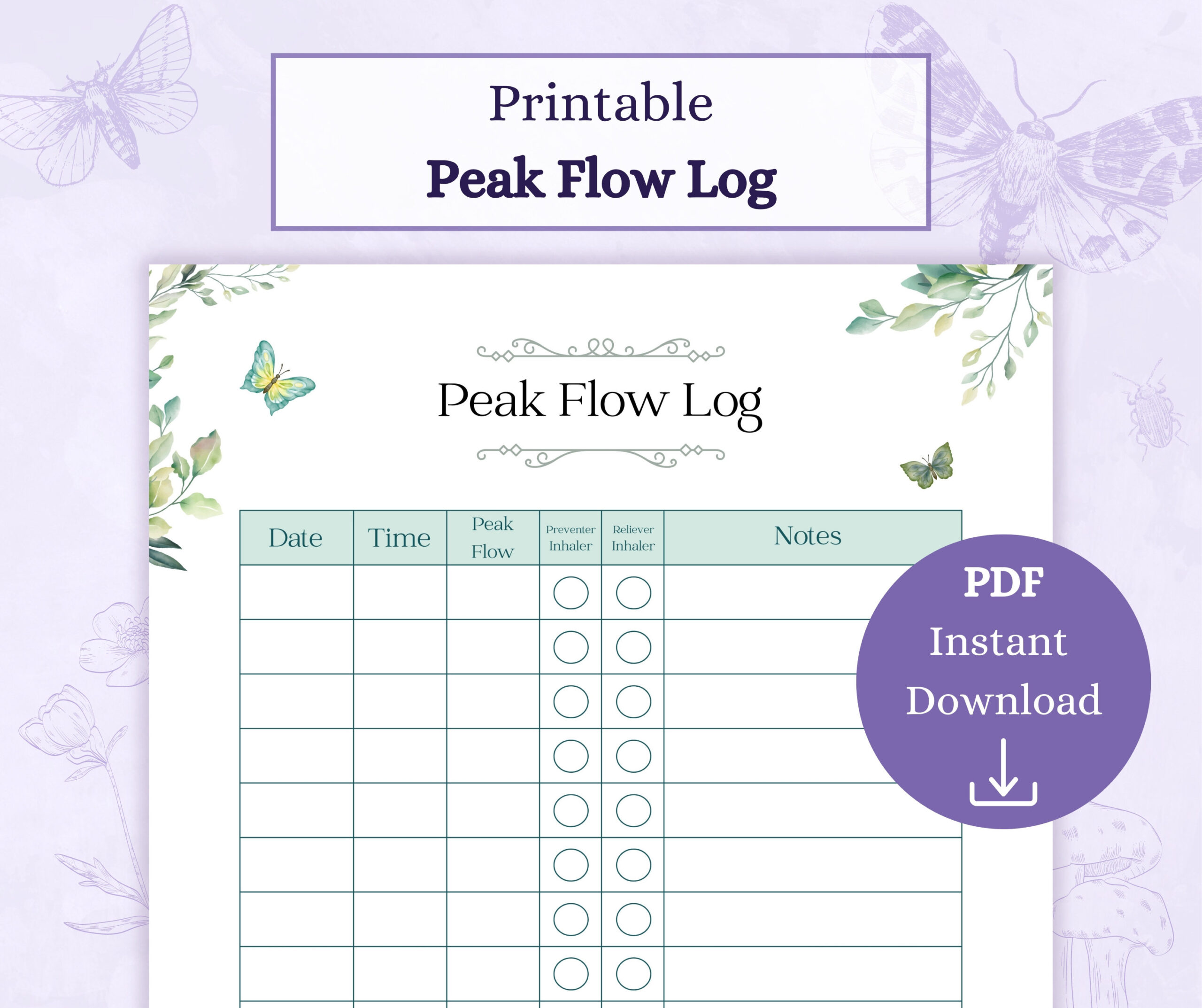 Buy Peak Flow Log Printable Pdf | Peak Flow Chart | Asthma Tracker with Peak Flow Chart Printable