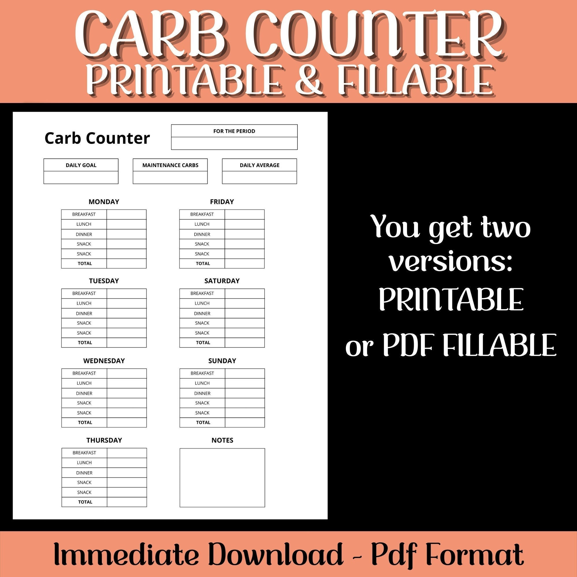 Carb Counter, Fillable Printable, Carbs Tracker. Keto Diet Tracker in Carb Counting Chart Printable
