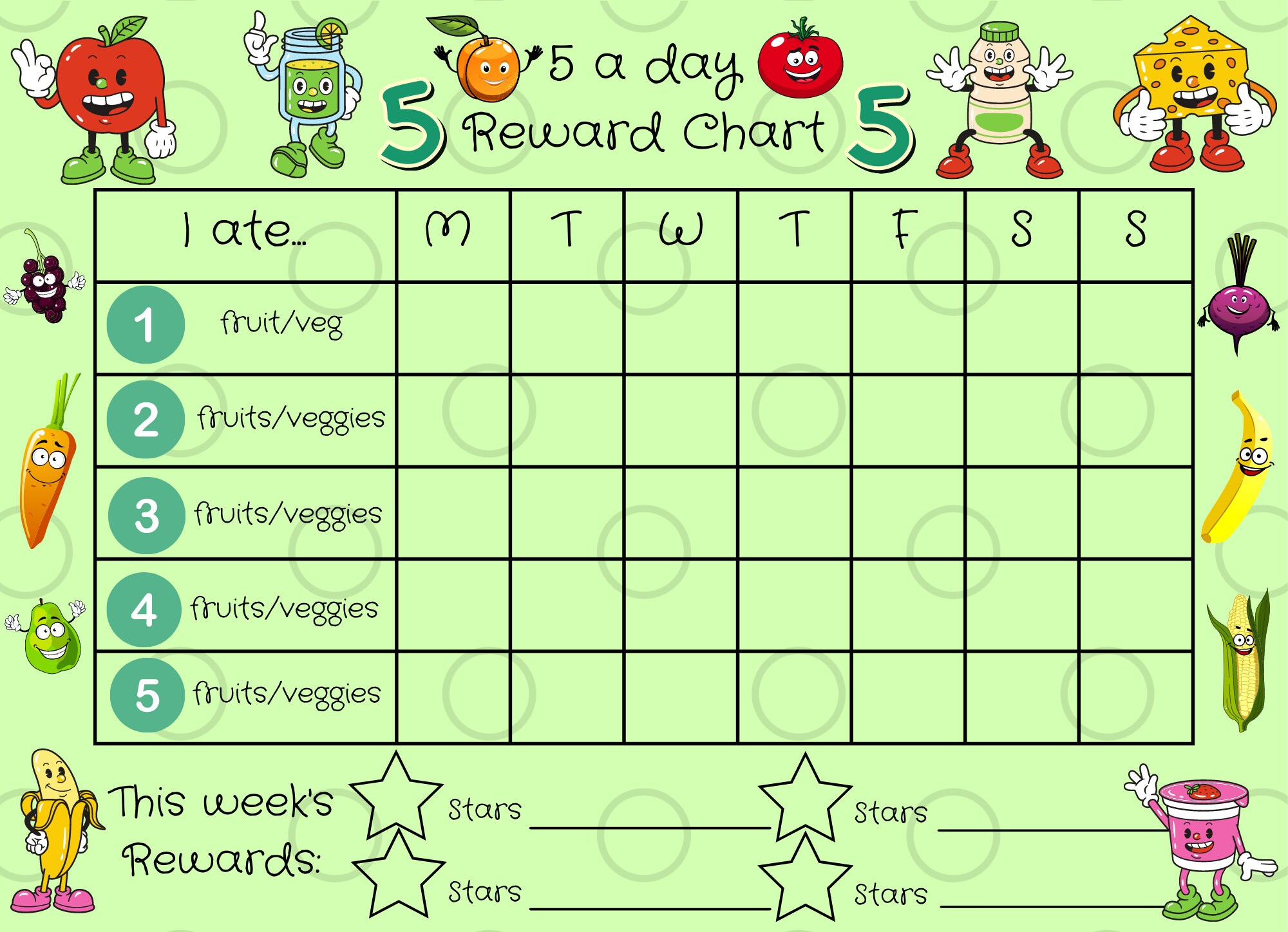 Children&amp;#039;S 5 A Day Reward Chart - Friendly Foods Theme - Download in 5 Day Reward Chart Printable