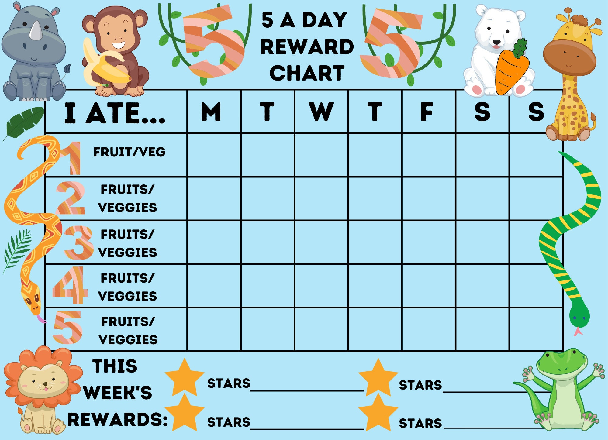 Children&amp;#039;S 5 A Day Reward Chart - Jungle Animals Theme - Download in 5 Day Reward Chart Printable