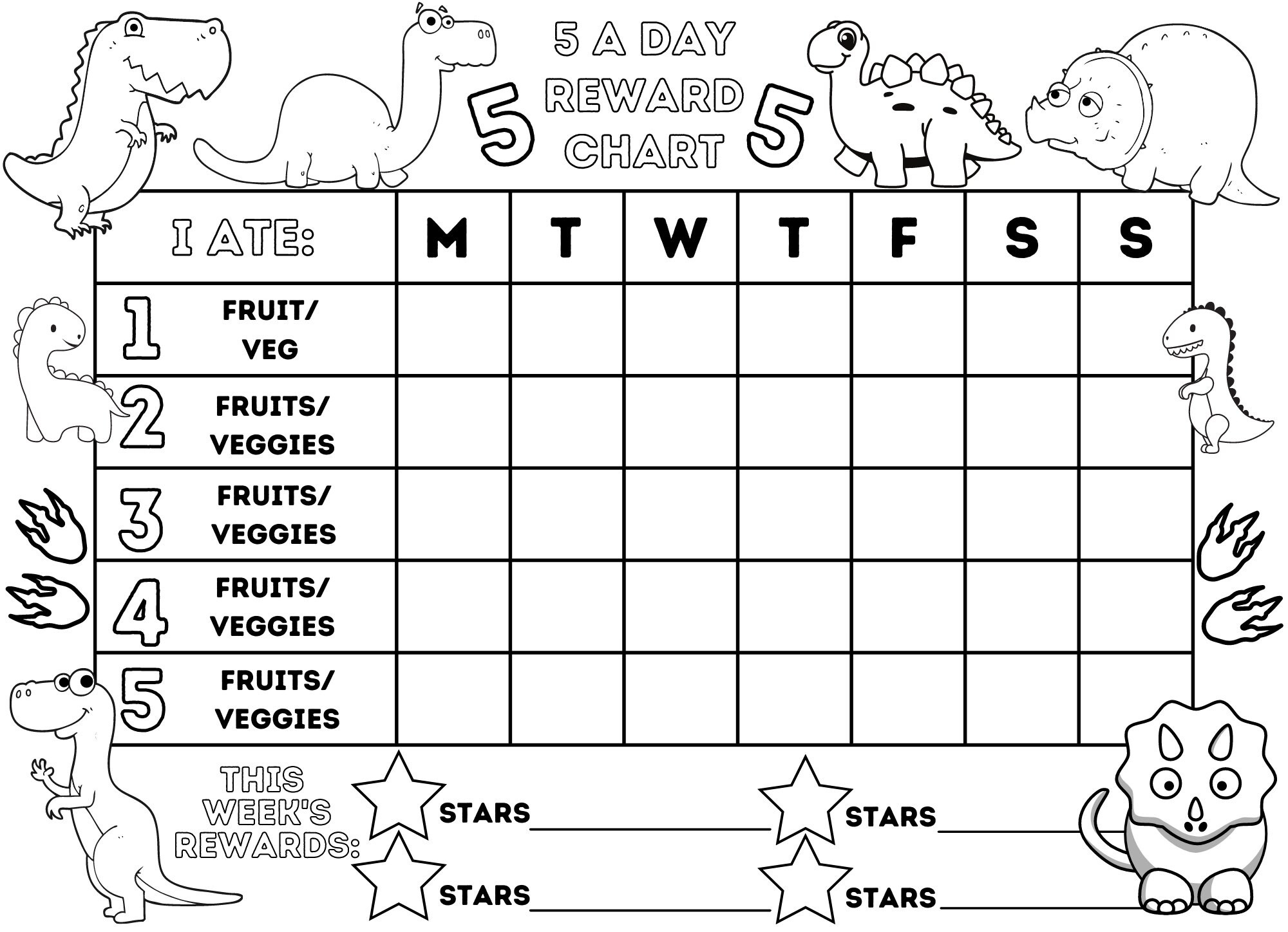 Colour Your Own Children&amp;#039;S 5 A Day Reward Chart - Dinosaurs Theme in 5 Day Reward Chart Printable