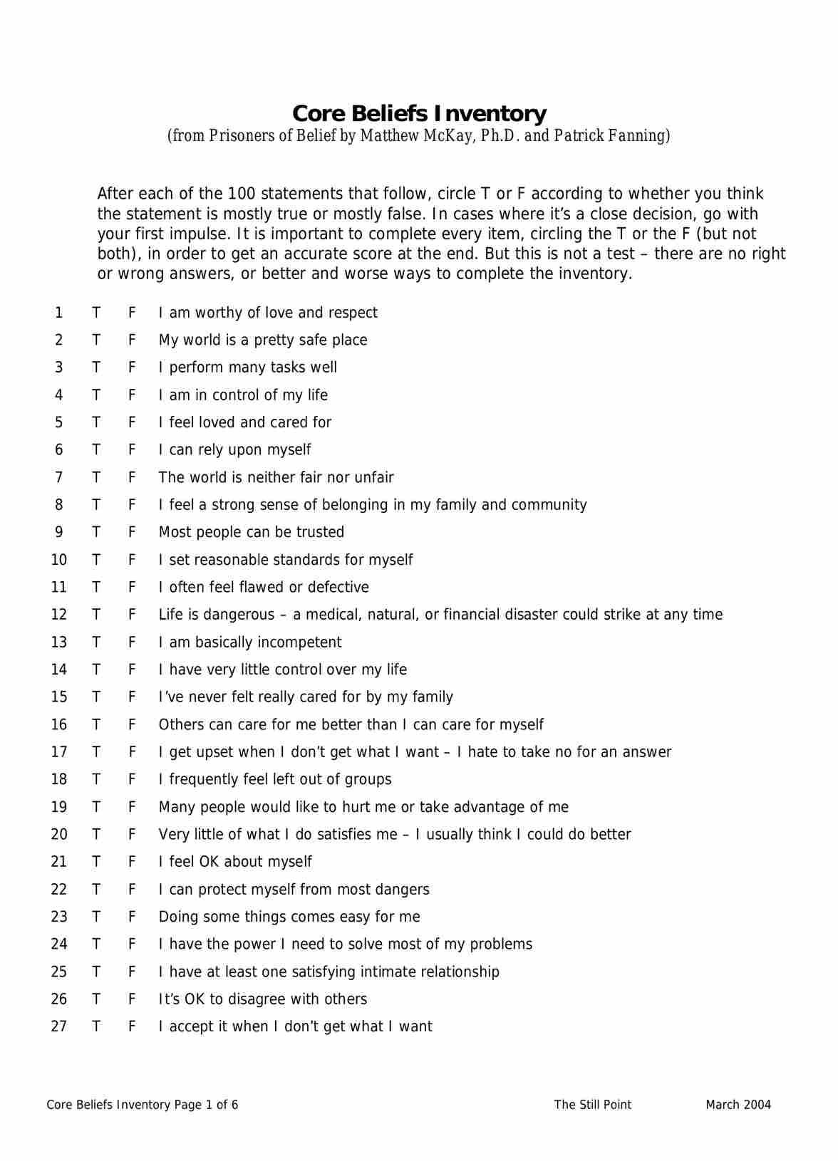 Core Beliefs Inventory &amp;amp; Example | Free Pdf Download with Belief Code Chart Printable