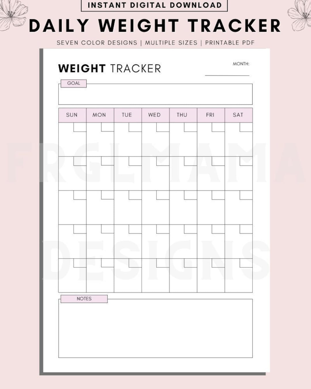 Daily Weight Tracker Printable, Printable Weight Loss Tracker for Daily Weight Chart Printable