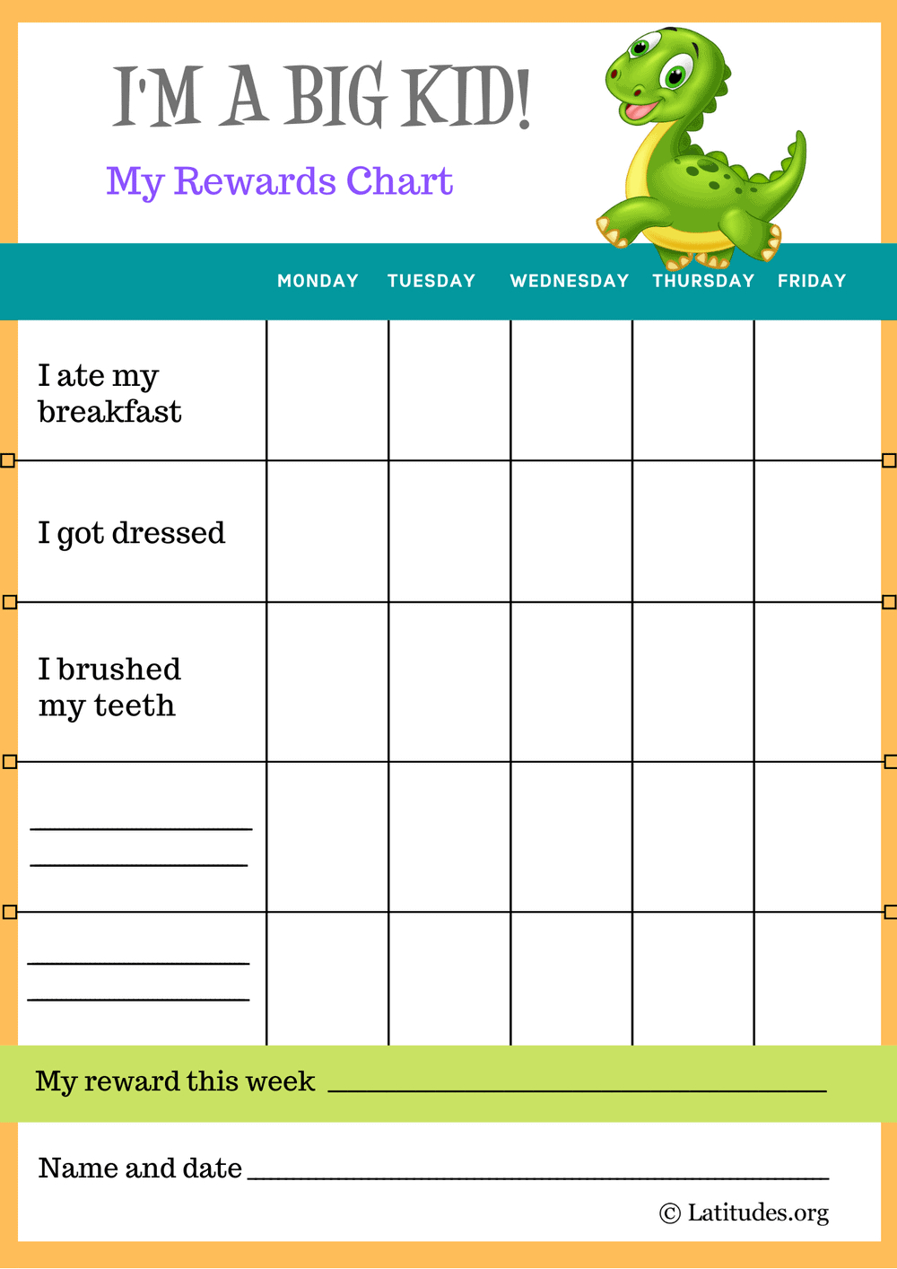 Dinosaur I&amp;#039;M A Big Kid Self-Care Reward Chart - Acn Latitudes in Free Printable Dinosaur Reward Chart Printable