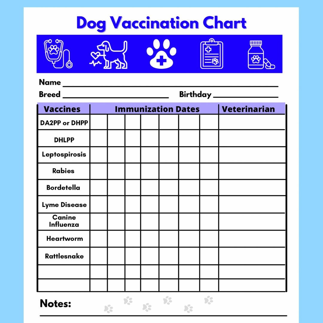 Dog Vaccine Printable, Pet Printable, Immunization, Puppy Vaccinations, Dog Health - Digital Download, Instant Download, Pdf - Etsy Norway intended for Dog Shot Schedule Chart Printable
