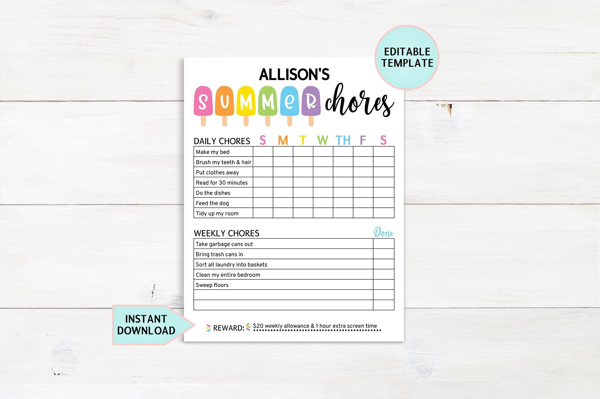 Editable Summer Chore Chart, Printable Chore Chart For Kids intended for Summer Chore Chart Printable