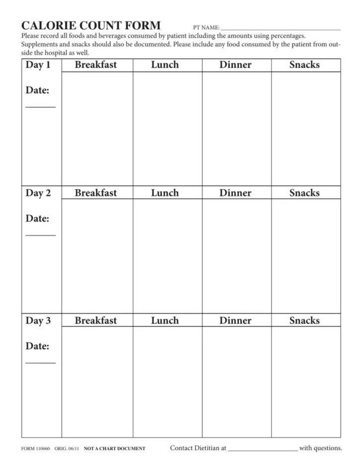Calorie Count Chart Printable