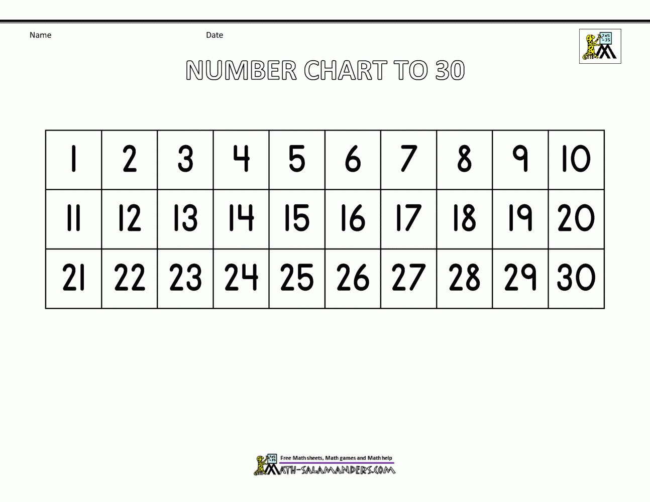 Free Number Chart 1-30 with 1 30 Number Chart Printable