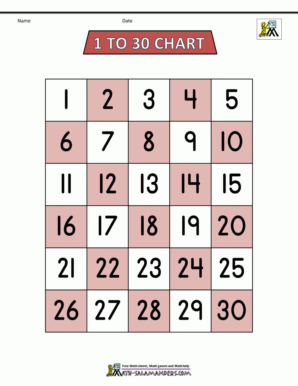 Free Number Chart 1-30 within 1 30 Number Chart Printable