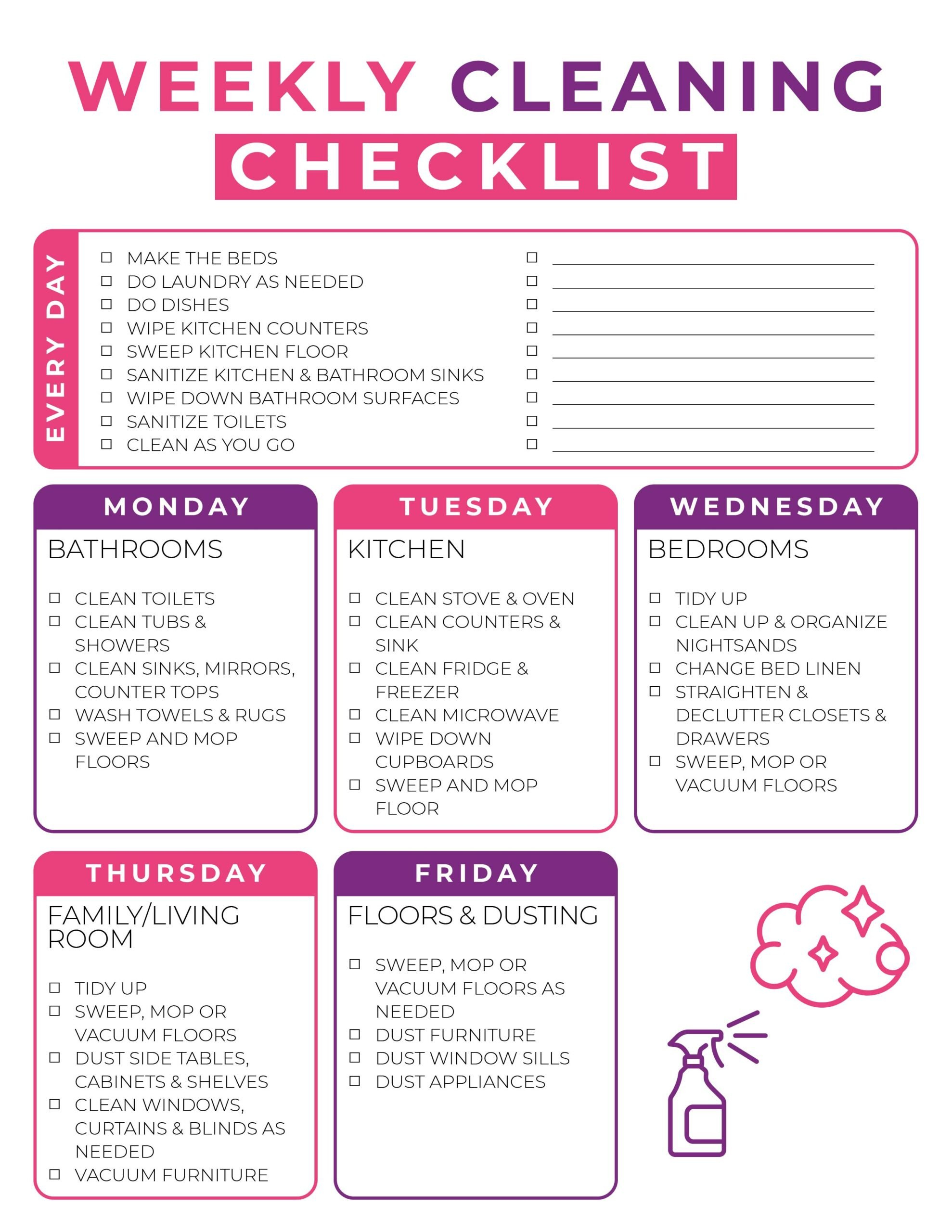 Free Printable Weekly Cleaning Checklist {Instant Pdf Download for Weekly Cleaning Chart Printable