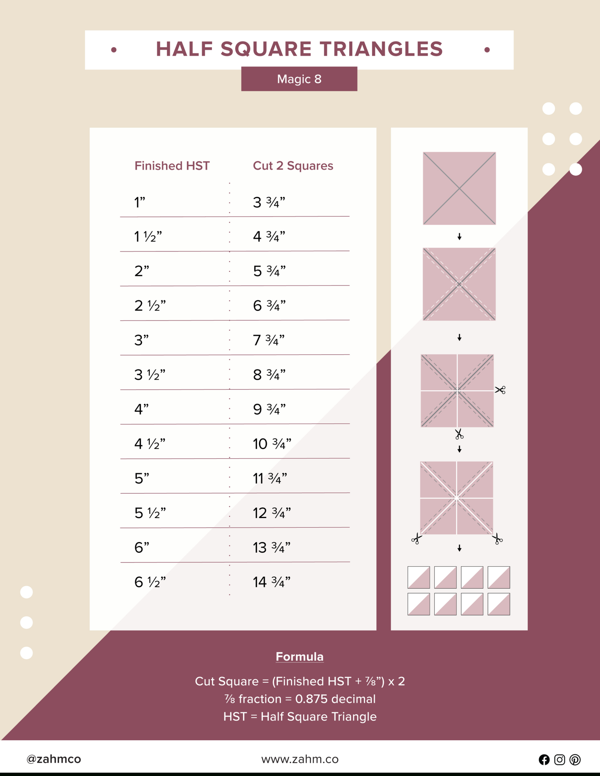 Half Square Triangles Magic 8 Method — Zahm Co. within Half Square Triangle Chart Printable