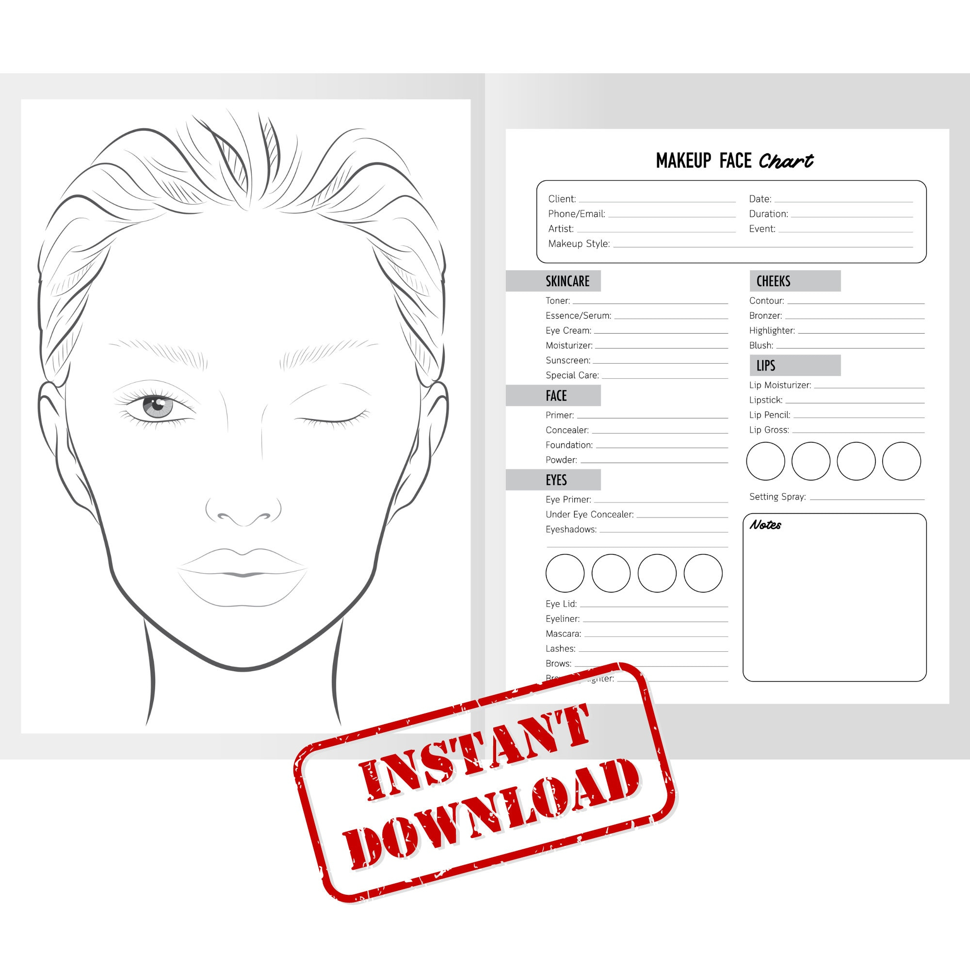 Make-Up Gesicht Diagramm/Sofortiger Download/Druckbare Vorlagen/ Makeup Übungsblatt/Make-Up Klientinnenblatt/Klienten Klientinnen Blatt inside Makeup Face Chart Printable