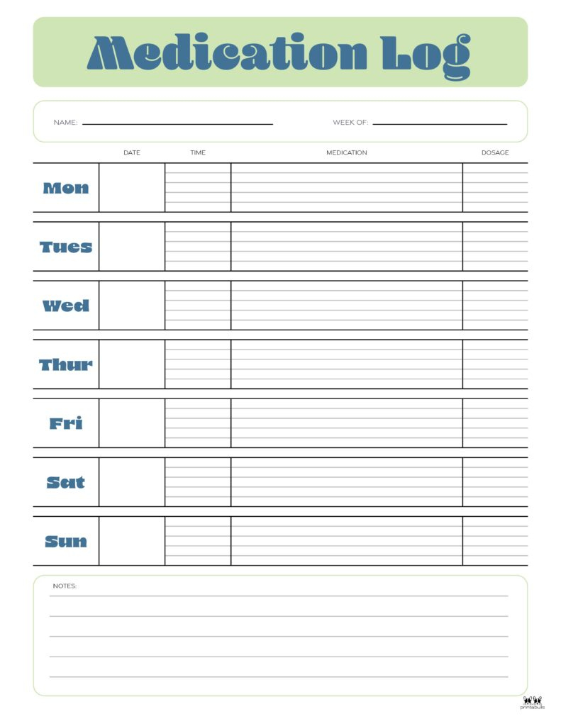 Medication Logs - 25 Free Printables | Printabulls for Free Medication Chart Printable