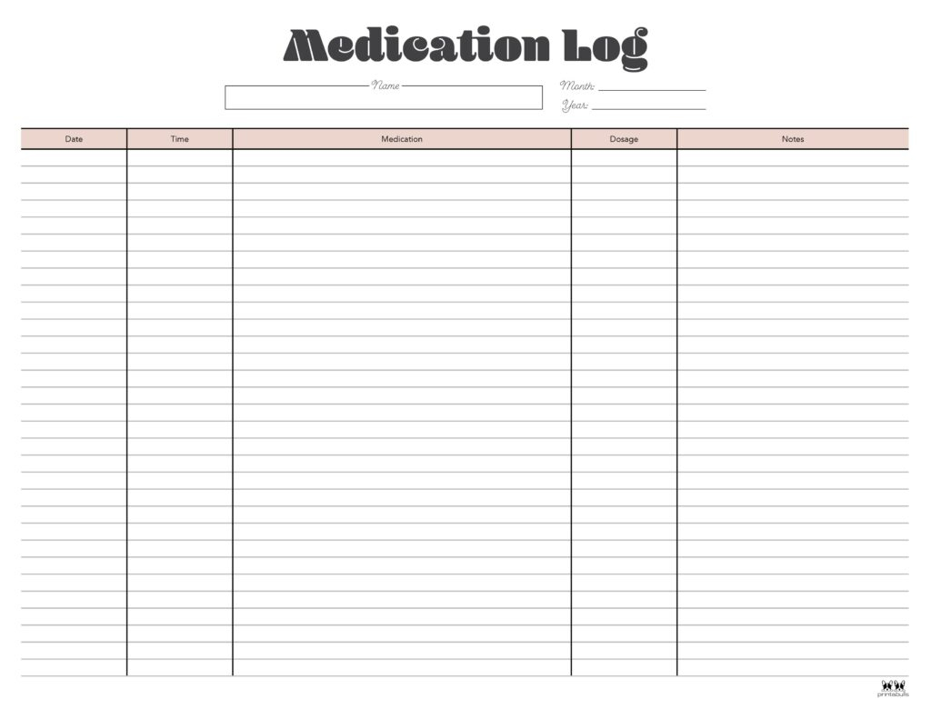 Medication Logs - 25 Free Printables | Printabulls inside Free Medication Chart Printable
