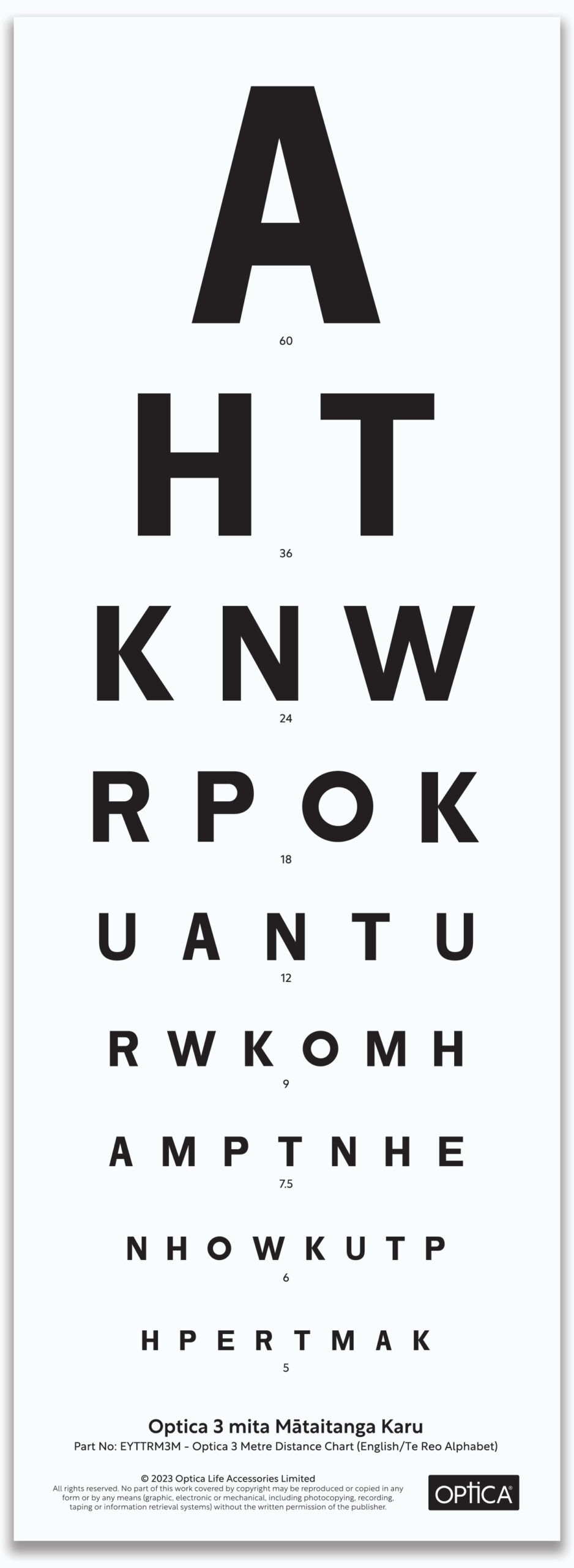 Optica 3M Distance Chart (English / Te Reo Alphabet) - Optical for Snellen Chart Printable 3m
