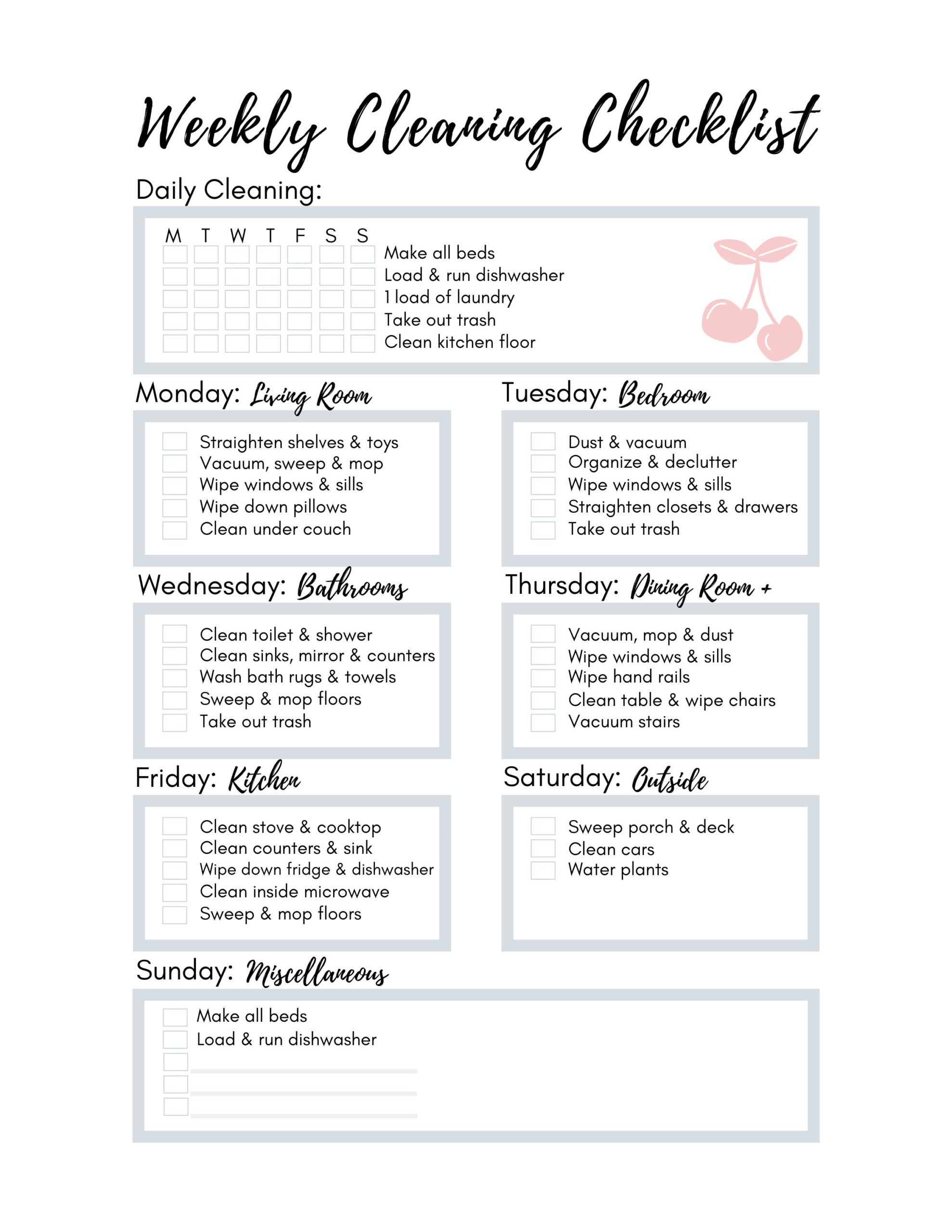 Personalized Weekly Cleaning Checklist, Printable Cleaning intended for Weekly Cleaning Chart Printable
