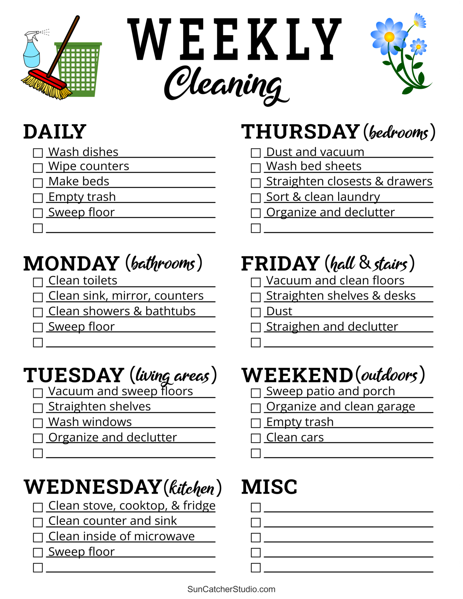 Printable Cleaning Schedule (Spring, Daily, &amp;amp; Weekly Checklists pertaining to Weekly Cleaning Chart Printable