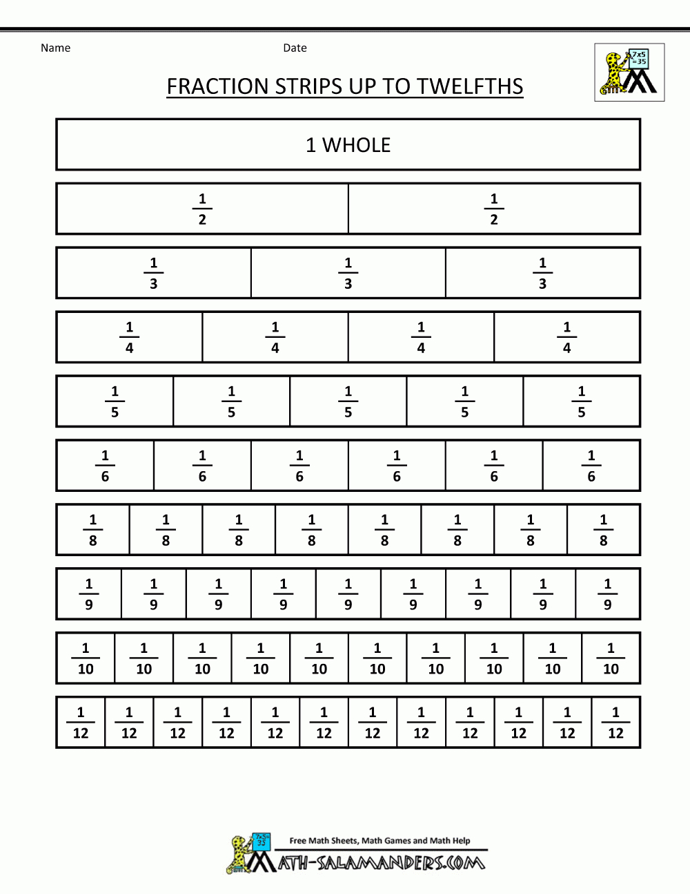 Printable Fraction Strips throughout Fraction Equivalent Chart Printable