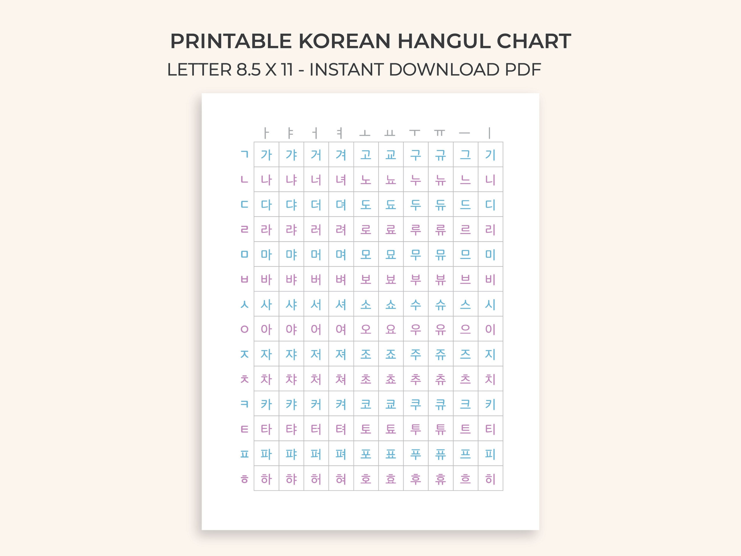 Printable Hangul Korean Alphabet Chart Poster Guide Grid Letters Studying School Combinations Color Instant Download Pdf Reference Language intended for Korean Alphabet Chart Printable
