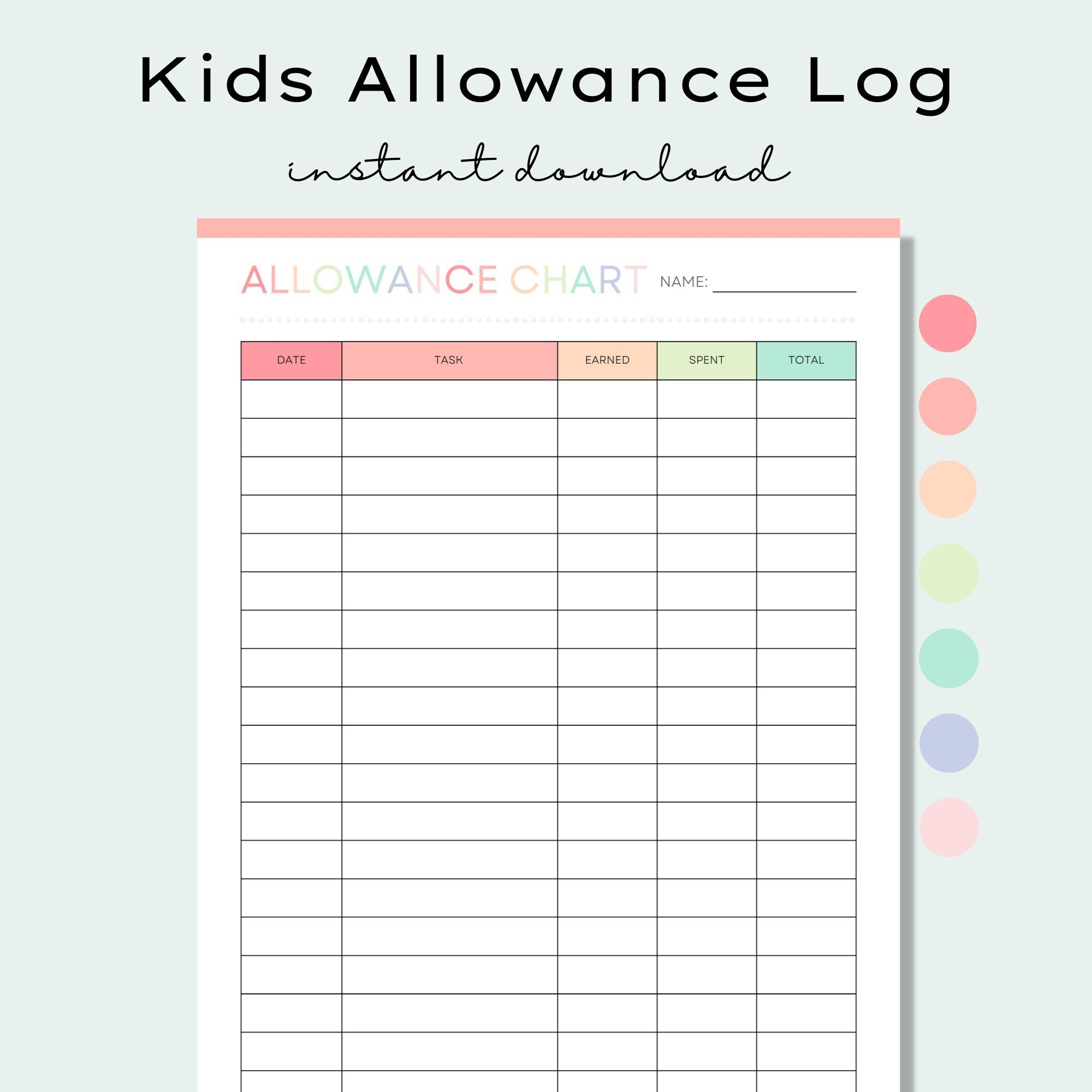 Printable Kids Allowance Chart, Allowance Tracker, Kids Savings intended for Allowance Chart Printable