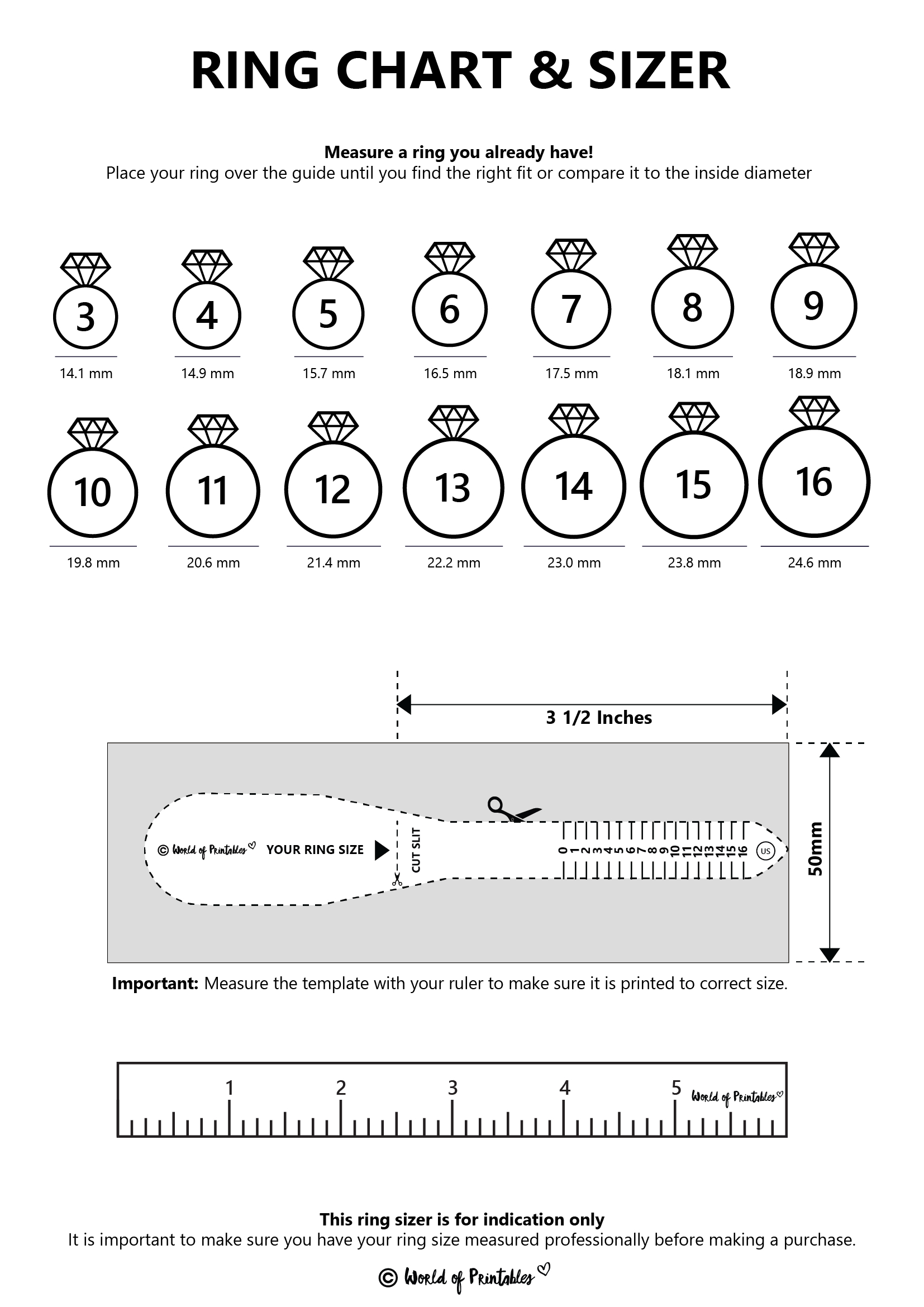 Printable Ring Size Chart - Find Your Ring Size Easy - World Of inside Ring Size Chart Printable A4