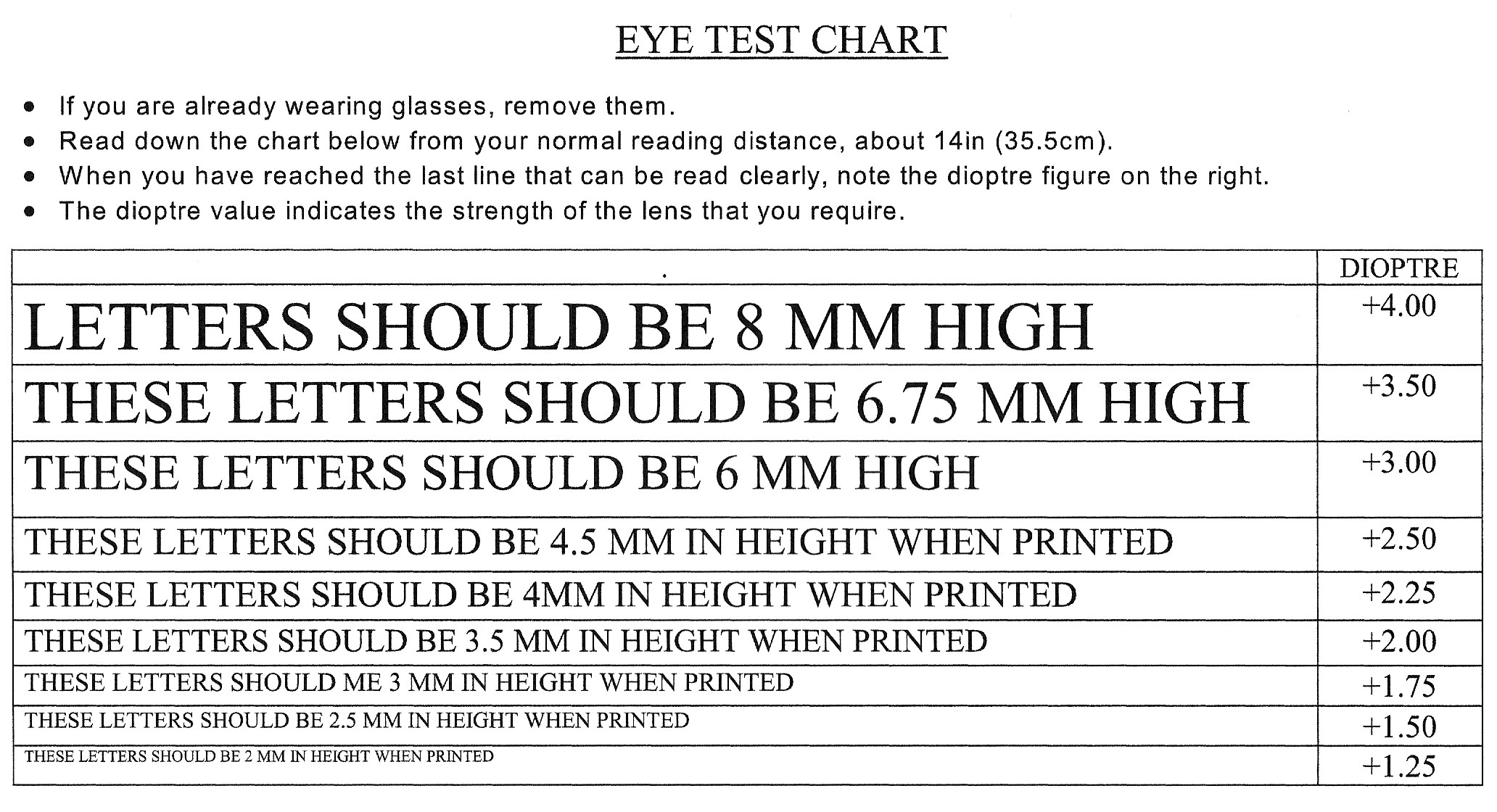 Reading Test Chart Download. for Reading Glasses Strength Chart Printable
