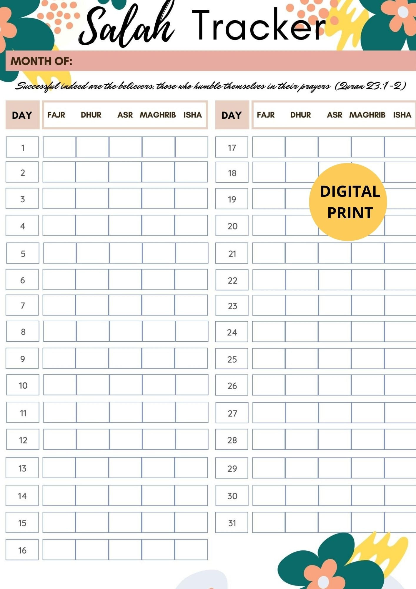 Salah Gebets-Tracker, Islamischer Monatskalender, Islamischer for Monthly Salah Chart Printable