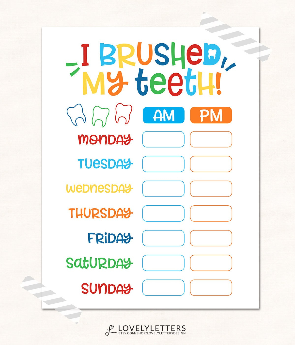 Teeth Brushing Chart / Digital / I Brushed My Teeth / Kids for Teeth Brushing Chart Printable