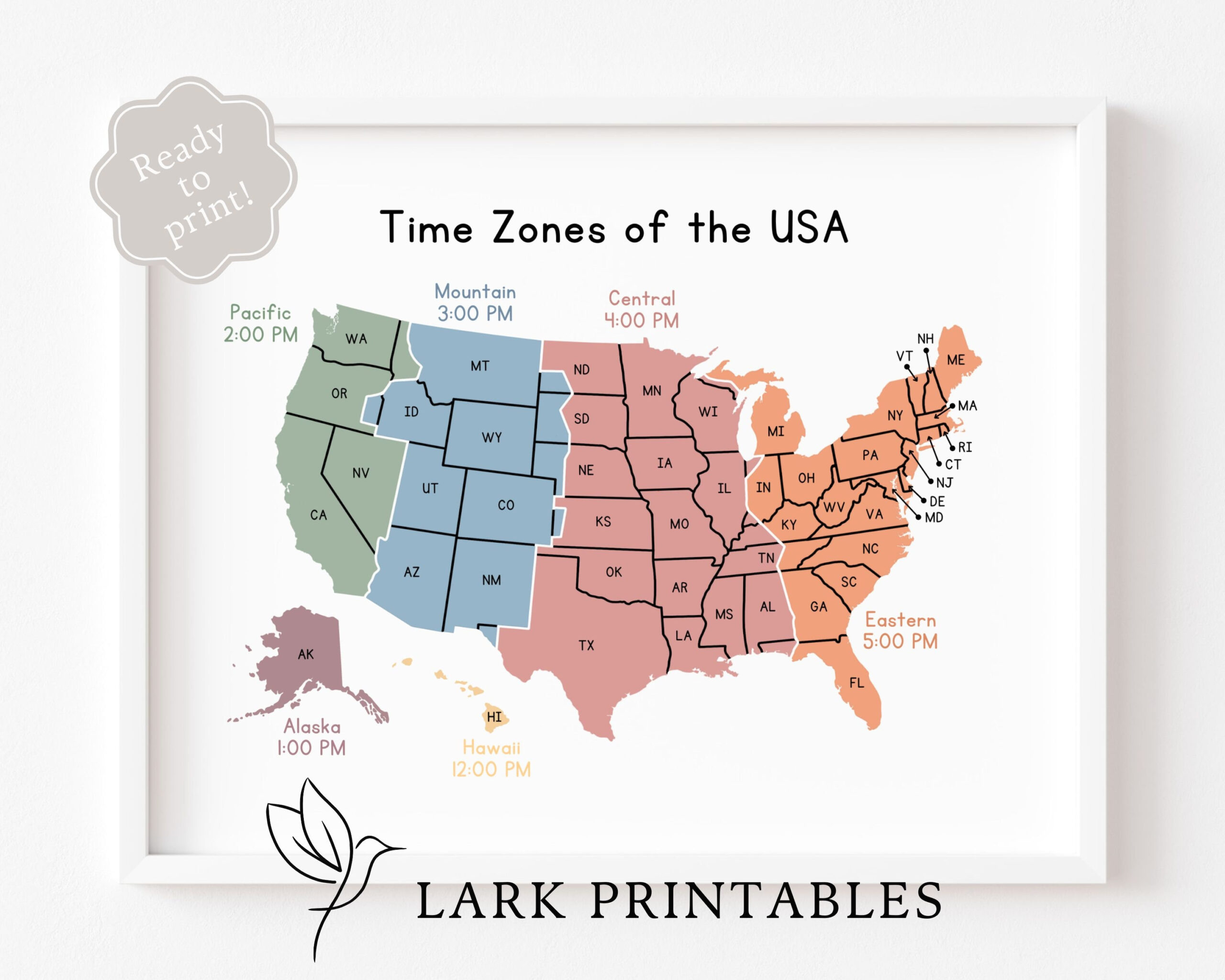 Time Zones Of The Usa Map Educational Poster Printable Geography inside Us Time Zone Chart Printable