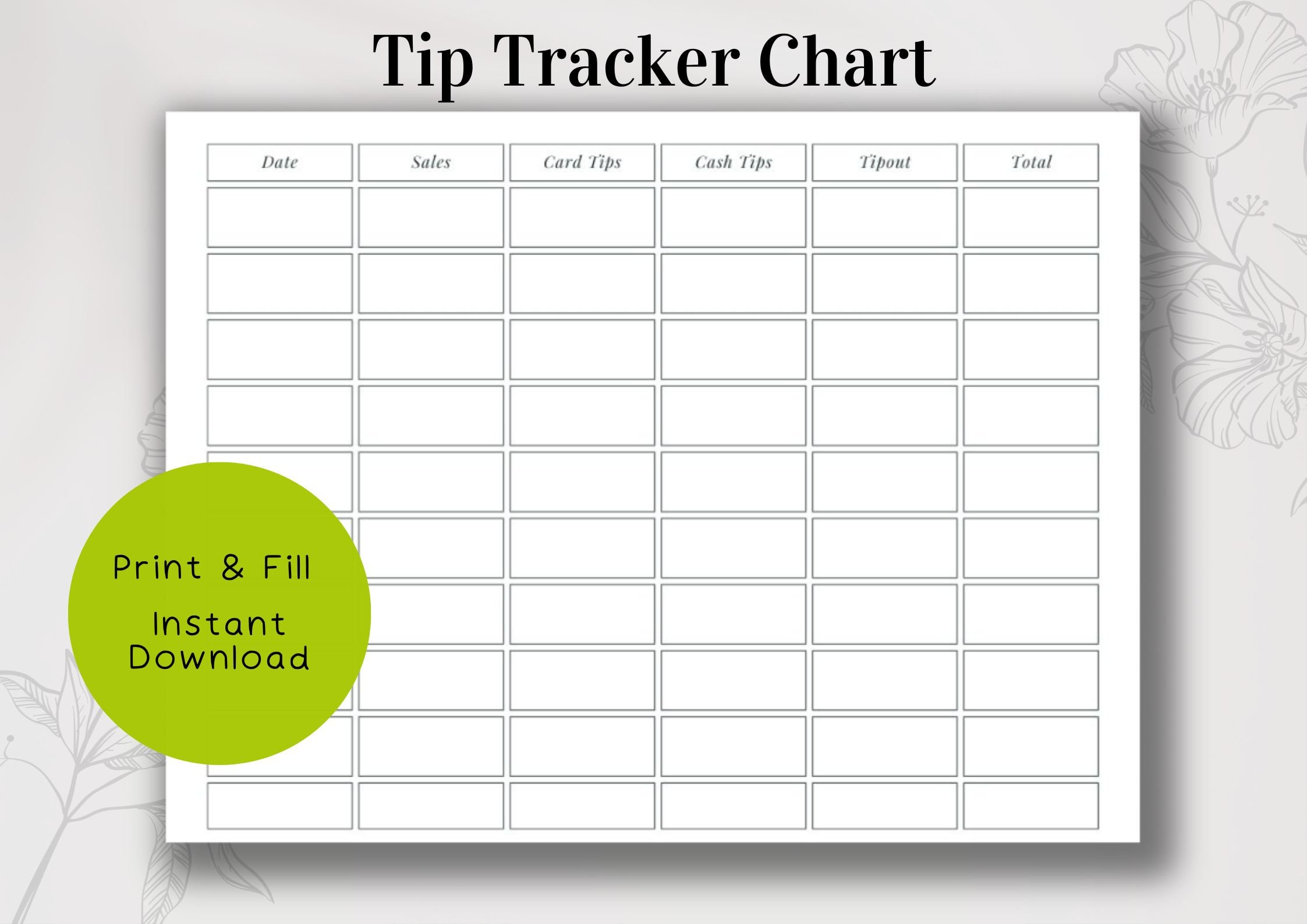 Tip Tracker Chart Printable Fillable And Print And Write intended for Tip Chart Printable