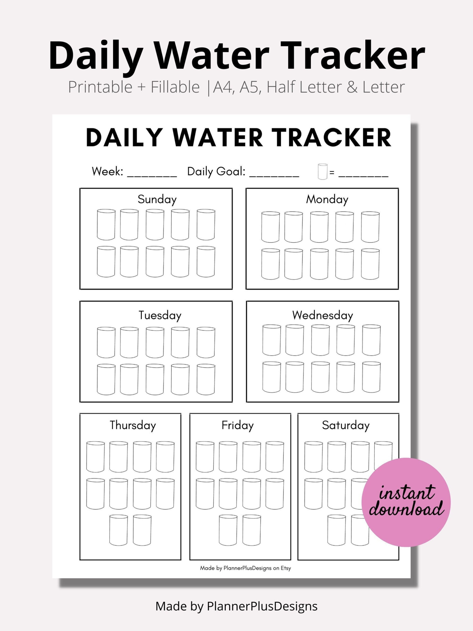 Weekly Water Intake Tracker, Water Log, Daily, Water Tracker with Daily Water Intake Chart Printable