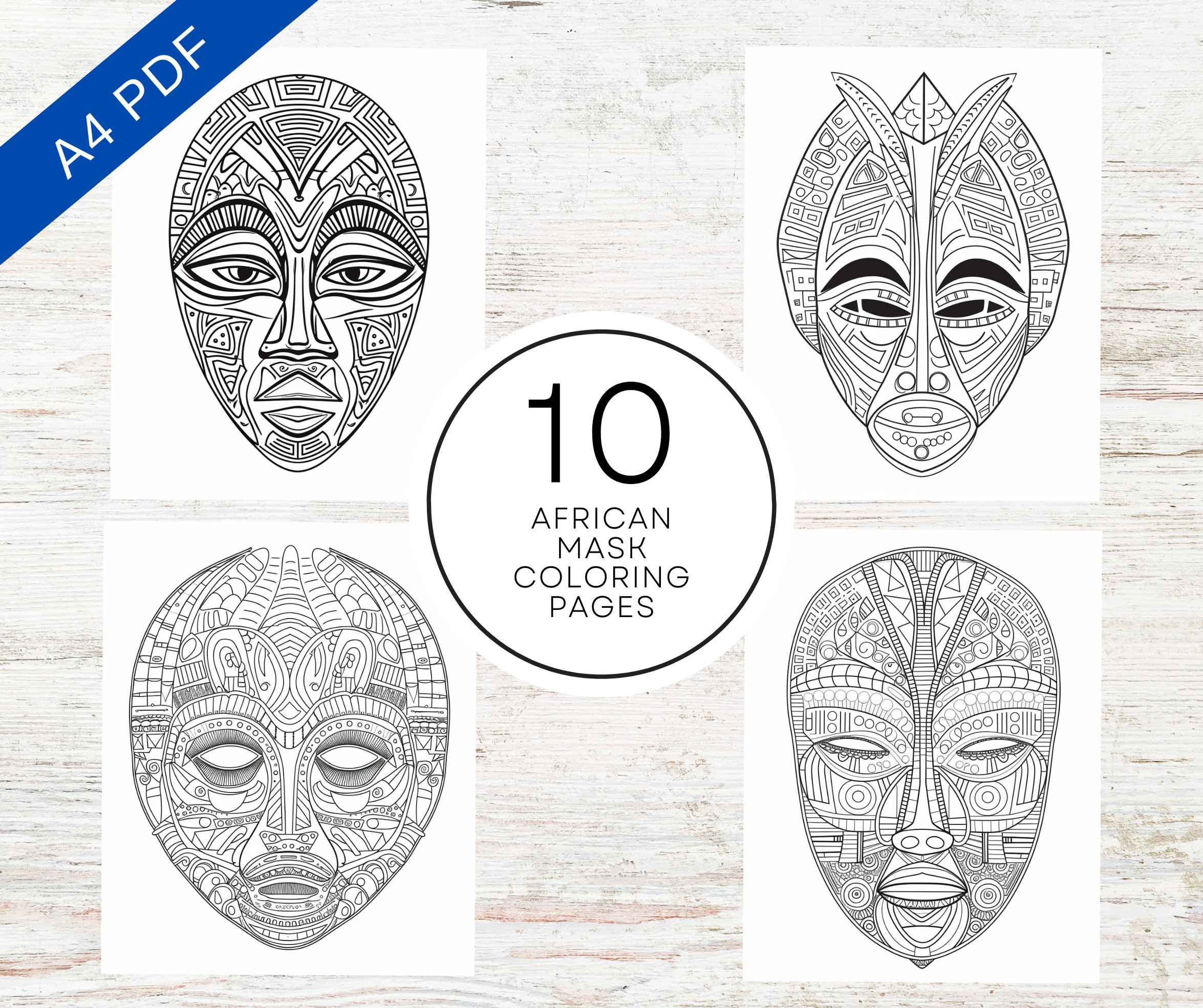 10 African Mask Coloring Pages | A4 Printable Pdf | Pattern for Kids Printable African Patterns
