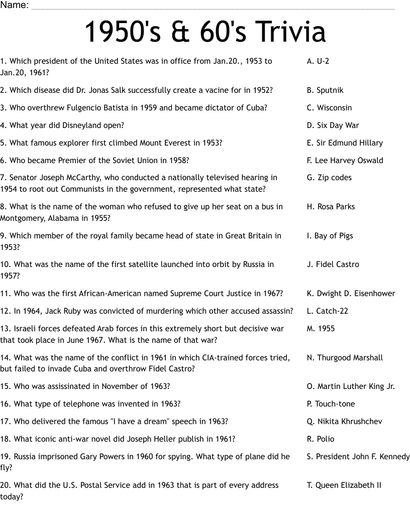 1950&amp;#039;S &amp;amp; 60&amp;#039;S Trivia Worksheet - Wordmint within Free Printable 1950 Trivia Questions and Answers Printable
