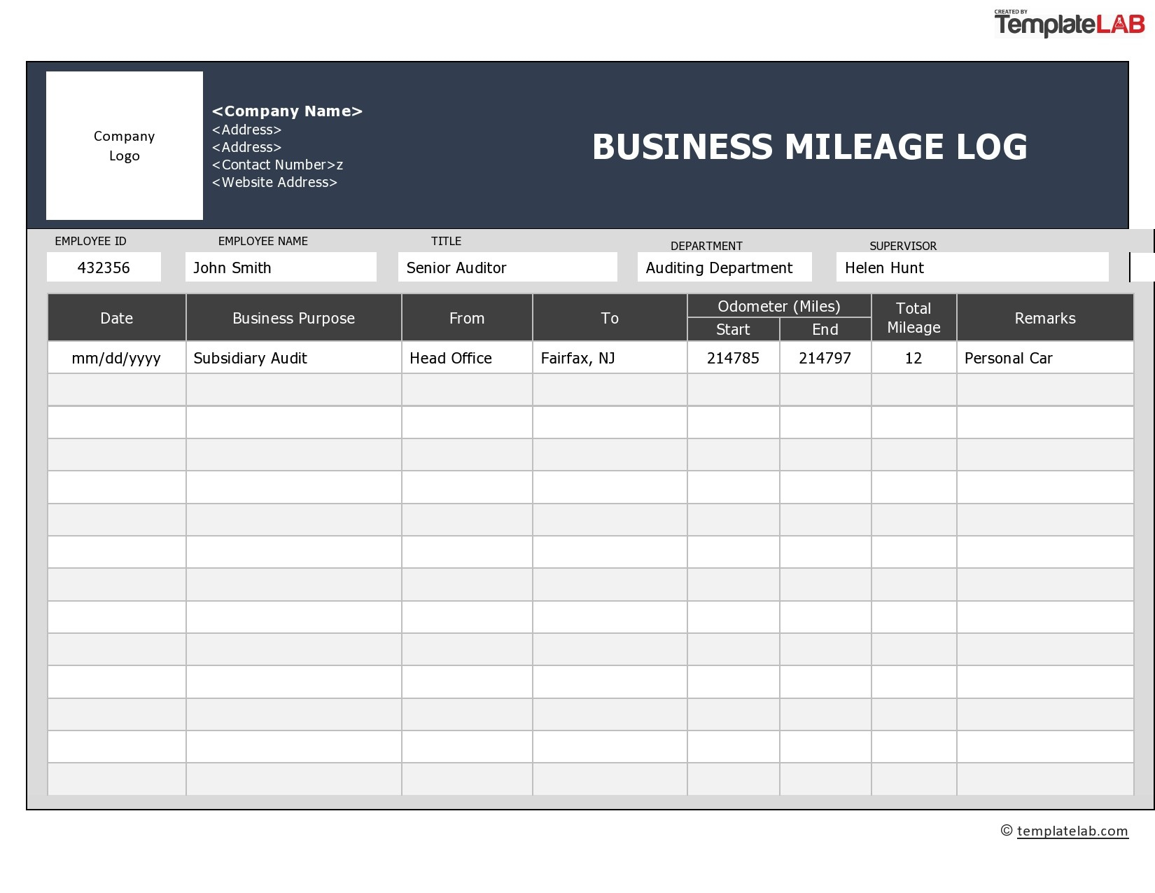 20 Printable Mileage Log Templates (Free) ᐅ Templatelab regarding Mileage Chart Printable