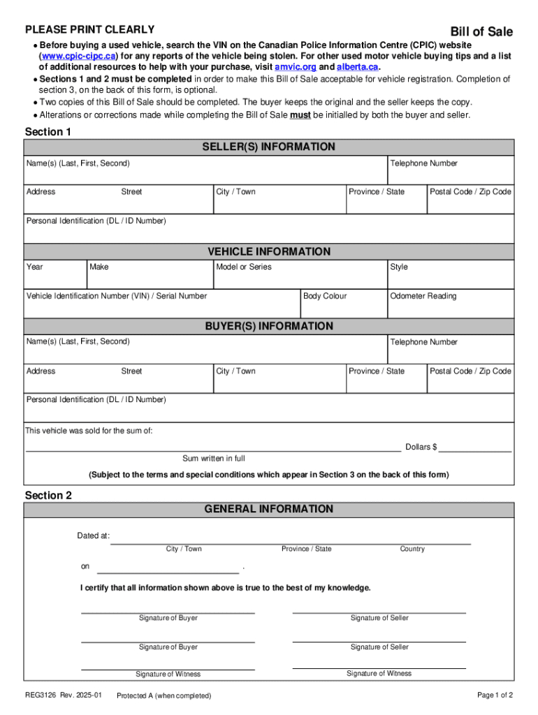 2025 Ca Alberta Form Reg3126 Fill Online, Printable, Fillable regarding Free Printable Bill Of Sale Alberta