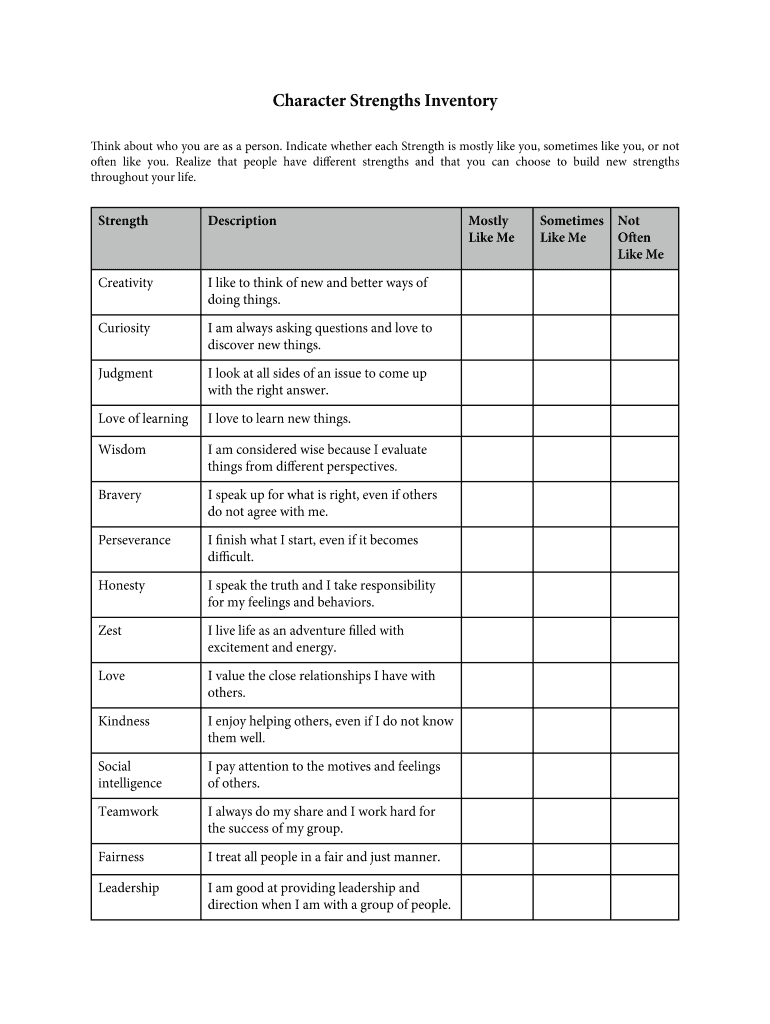24 Character Strengths Worksheet - Fill Online, Printable pertaining to Free Character Strength Cards Printable