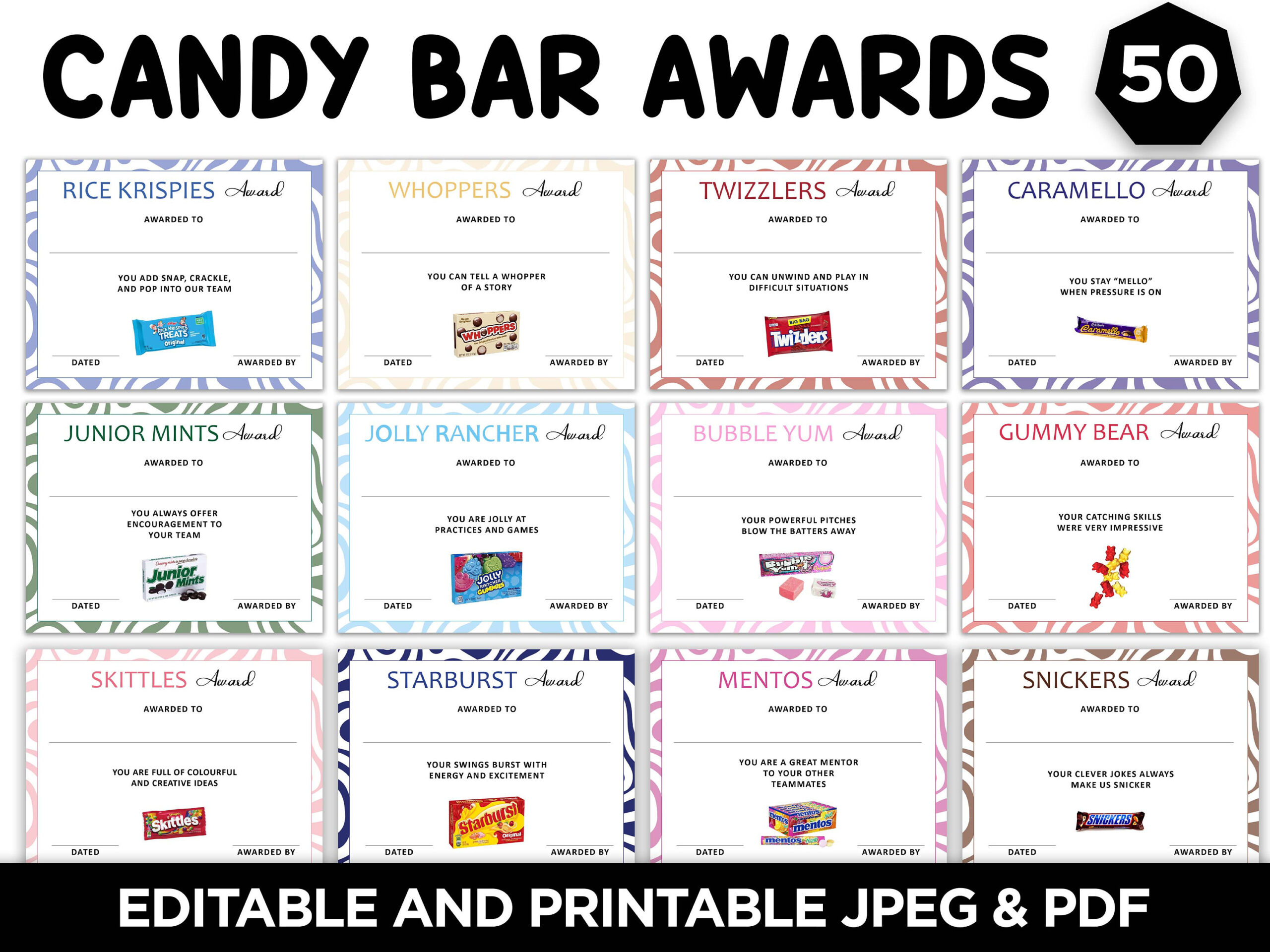 50 Candy Bar Award Certificates - Candy Bar Award Certificates for Free Candy Bar Awards Printables
