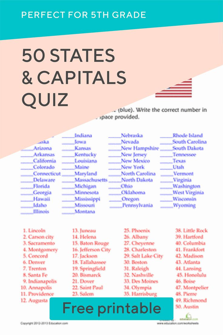 50 States And Capitals Quiz | Worksheet | Education throughout Free Printable State Capitals Quiz