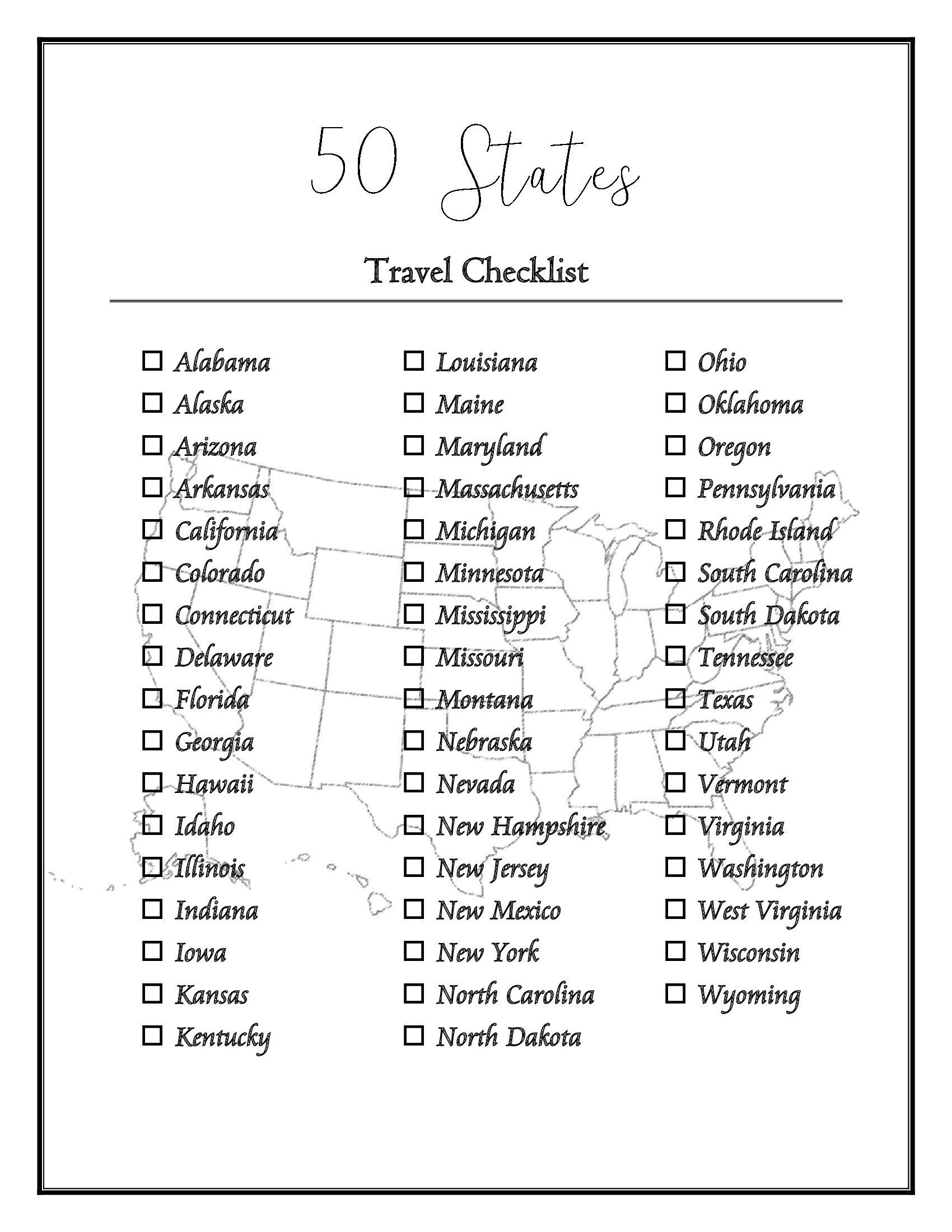 50 Us States Checklist - Etsy Australia with regard to Free Printable List Of 50 States