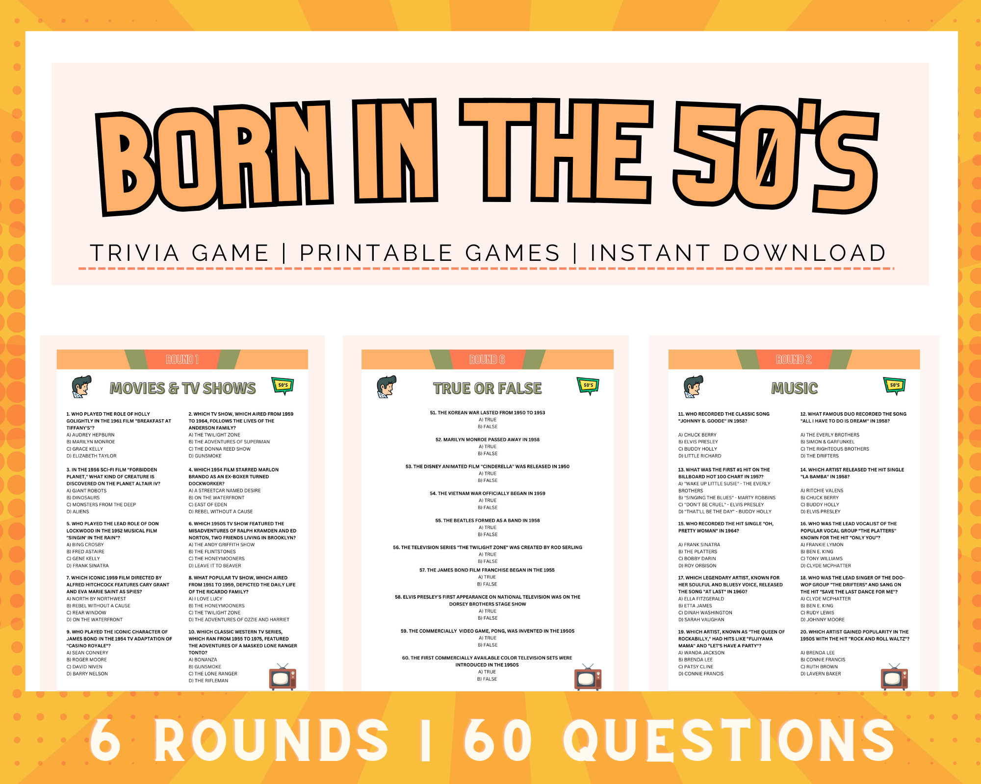 50S Trivia Games - Etsy Australia throughout Free Printable 1950 Trivia Questions and Answers Printable