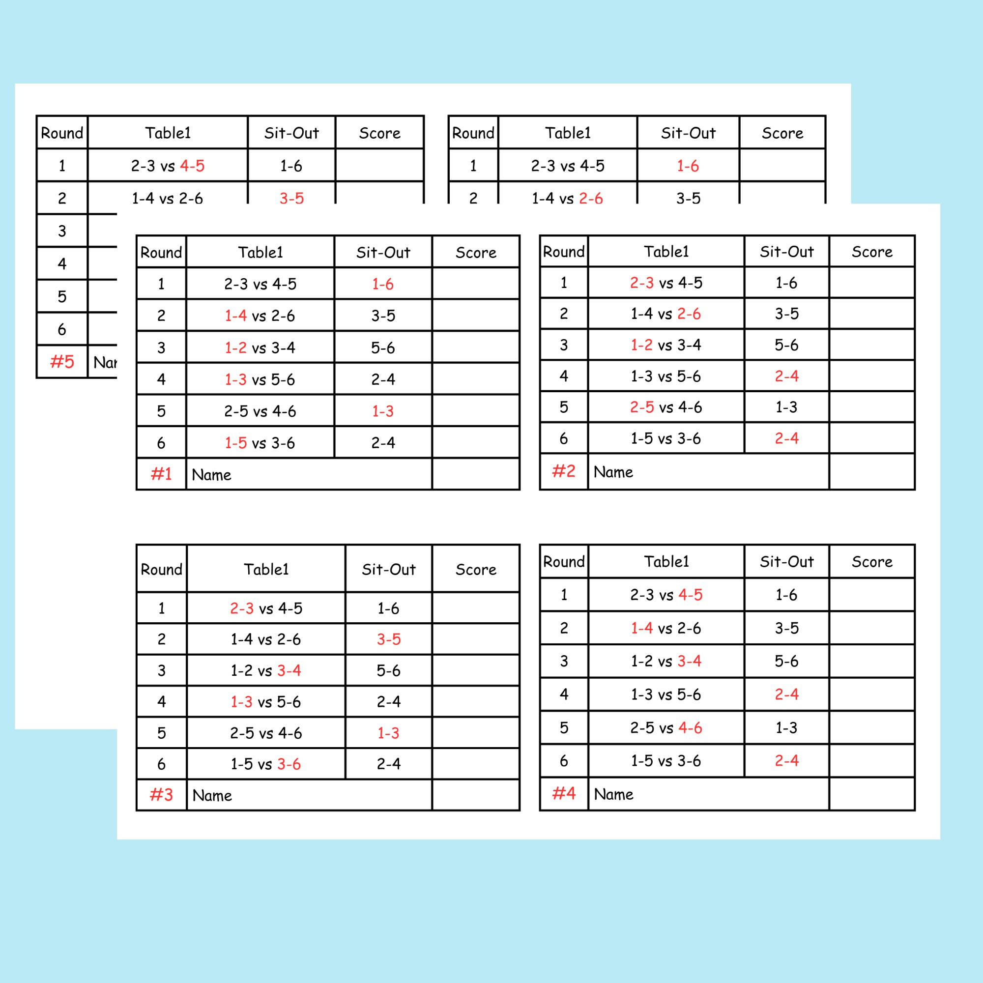 6 Person Euchre Tournament Rotation Score Sheet with Free Printable Progressive Euchre Score Cards