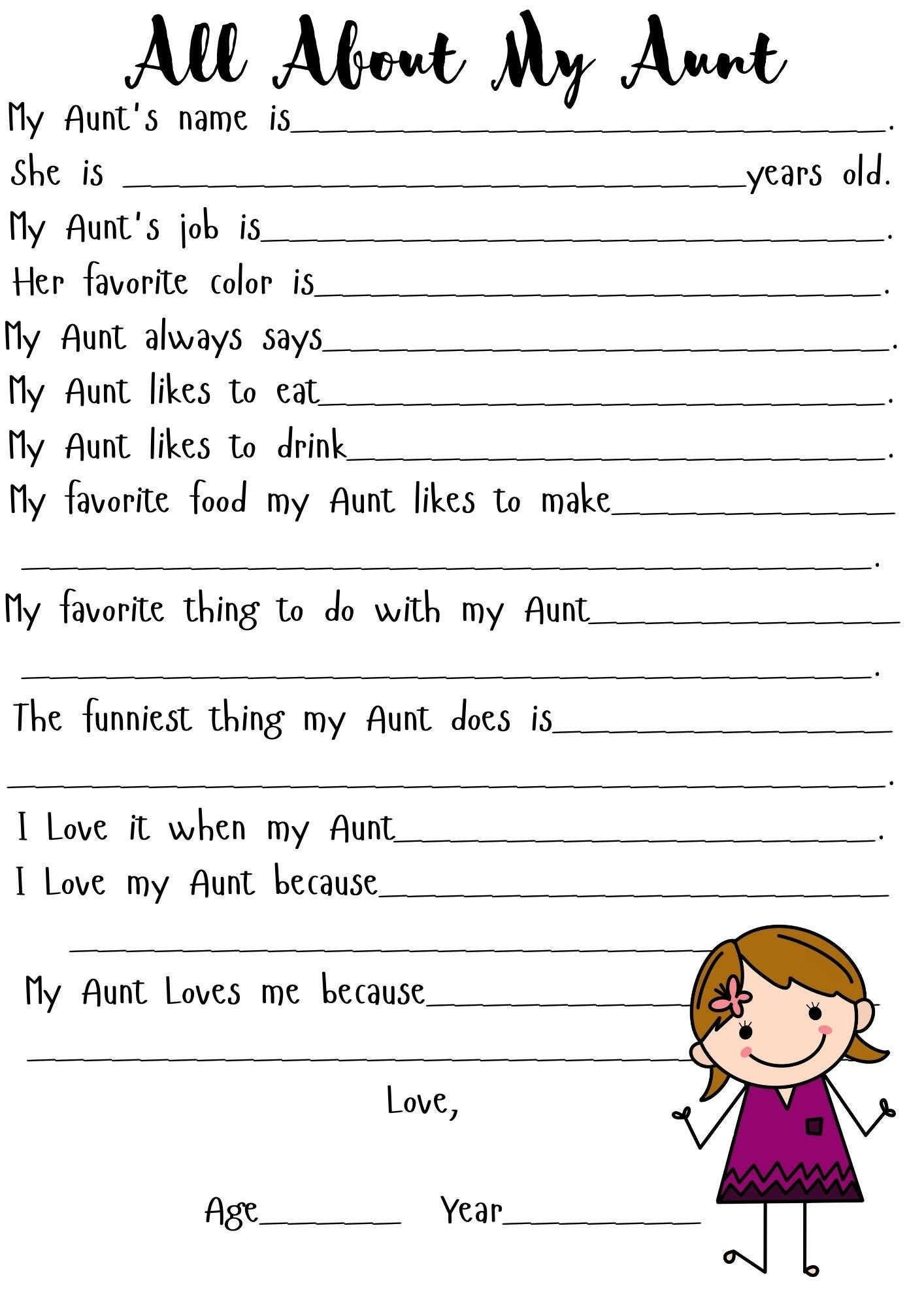 All About My Aunt Printable, Aunt Birthday, Aunt Printable, Aunt with All About My Aunt Free Printable