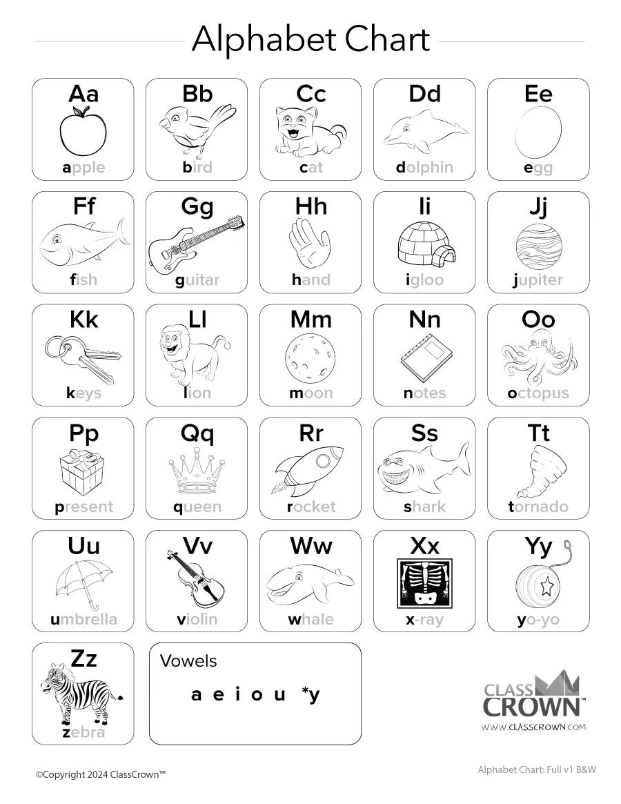 Alphabet Chart - A-Z W/ Examples, B&amp;amp;W - Free Reading Charts inside Fundations Alphabet Chart Printable Free
