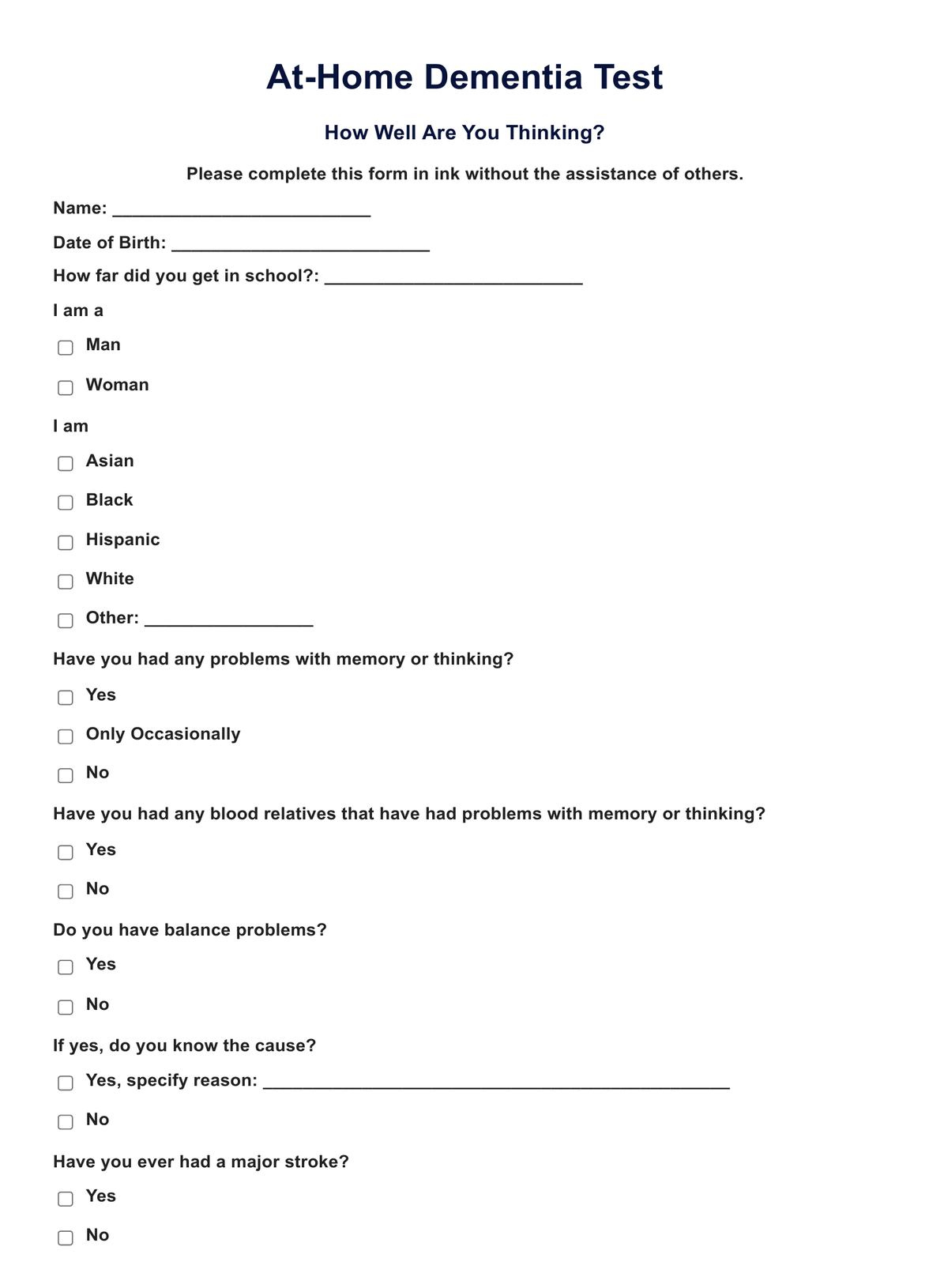 At Home Dementia Test &amp;amp; Example | Free Pdf Download regarding Free Printable Cognitive Tests