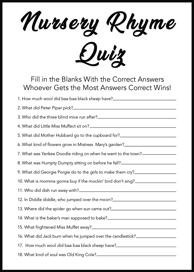 Baby Shower Games - Free Printables - Nursery Rhymes - in Finish The Nursery Rhyme Free Printable